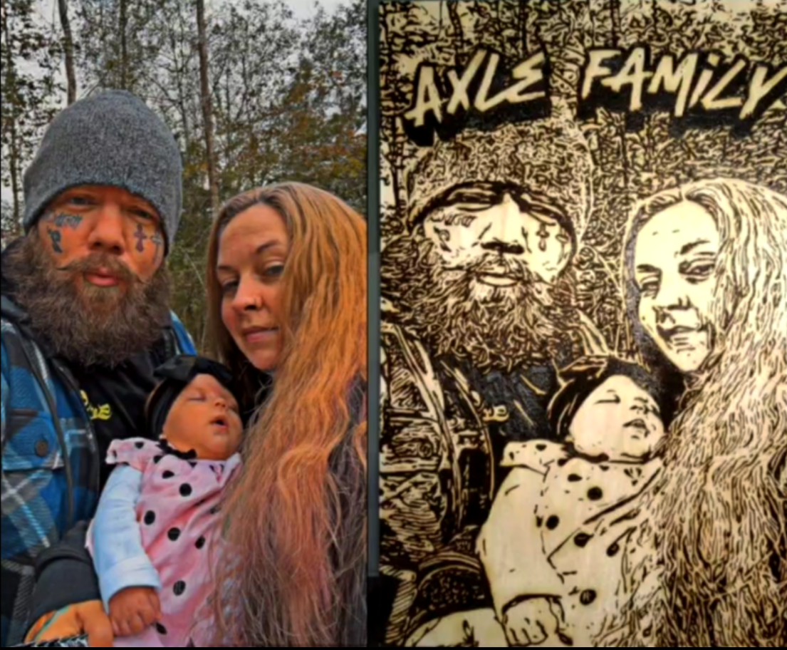 Side-by-side comparison of a real family photograph and finished custom wood-burned family portrait, capturing emotional realism through detailed handcrafted pyrography and memorial-style wood burning