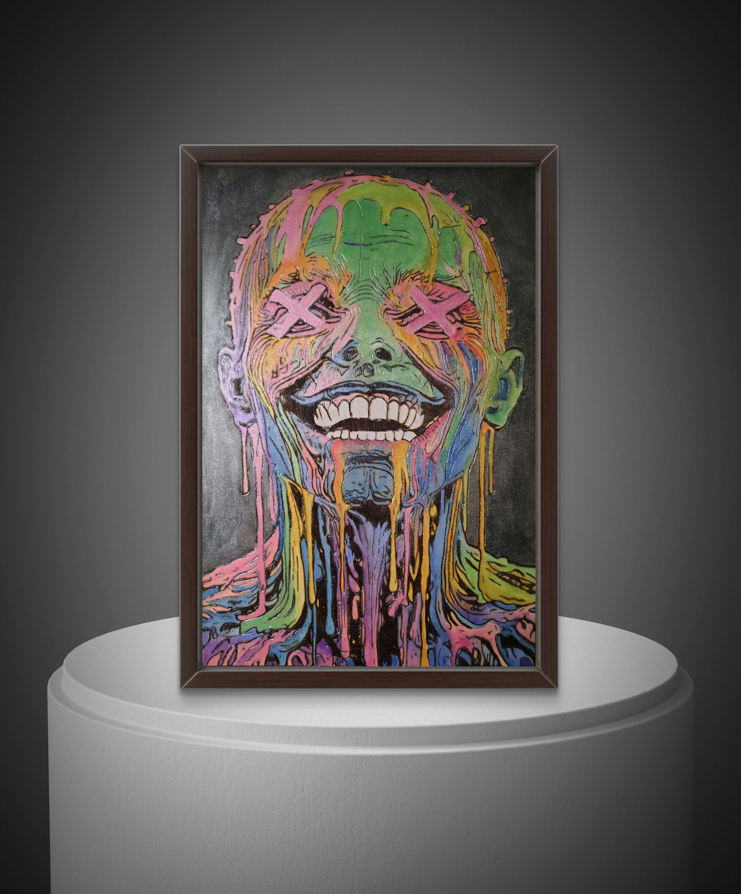 Framed wood burning wall art showing an abstract figure with an exaggerated grin and melting facial features, handcrafted on painted basswood