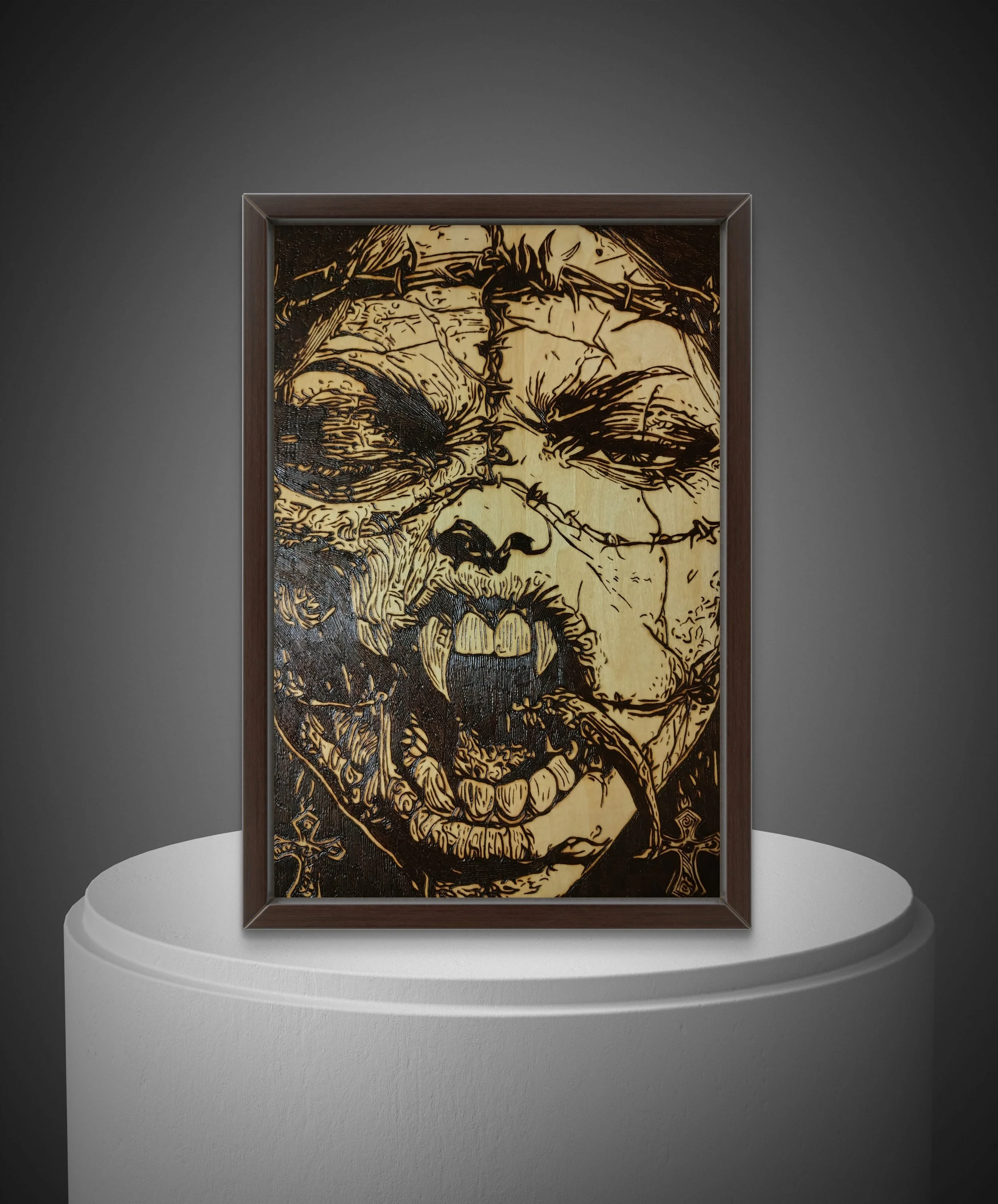 Detailed pyrography wood burning showing aggressive line work and facial texture, original hand-burned basswood artwork.