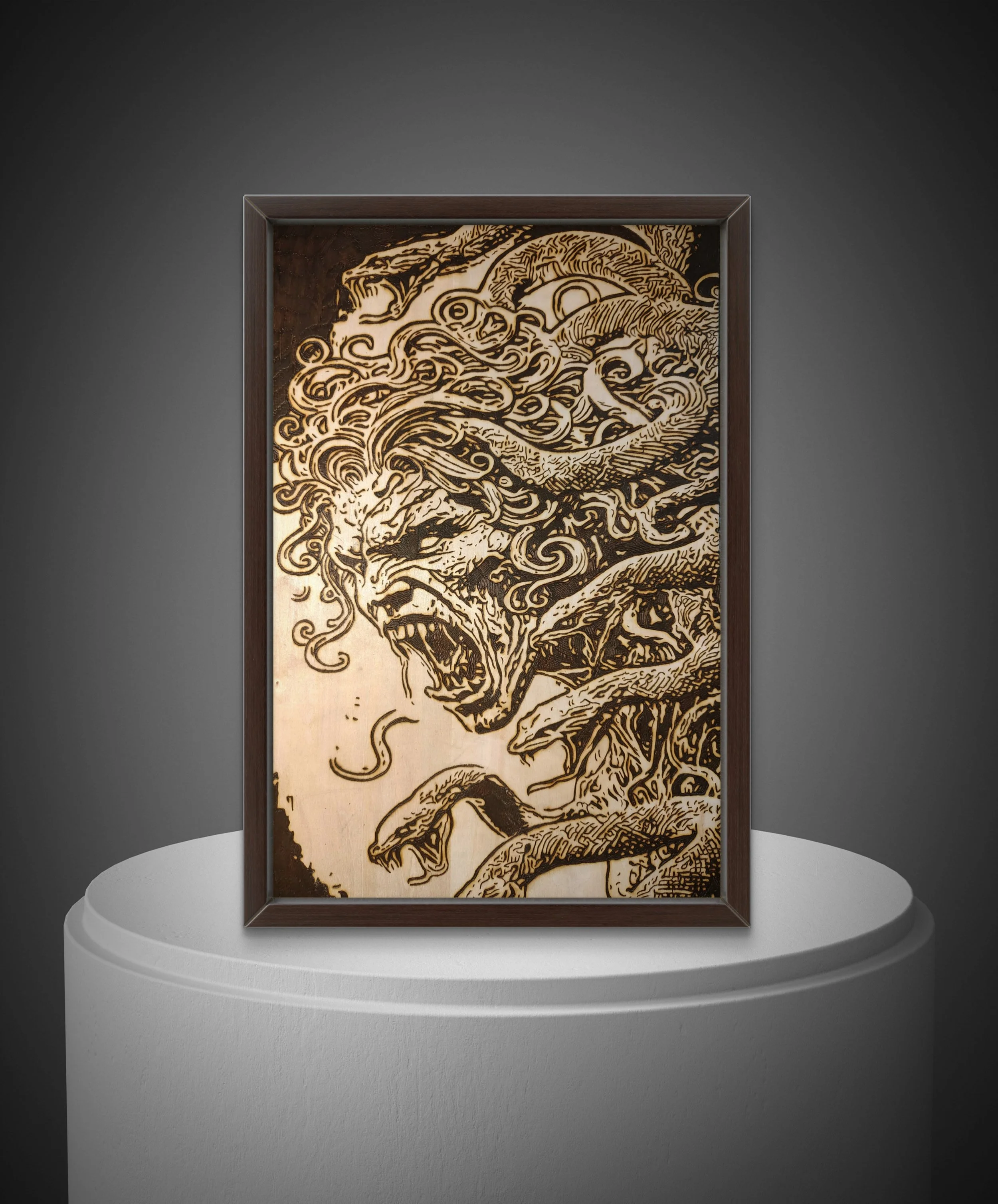 Original hand burned wood art depicting a feral intertwined figure, freehand pyrography on basswood