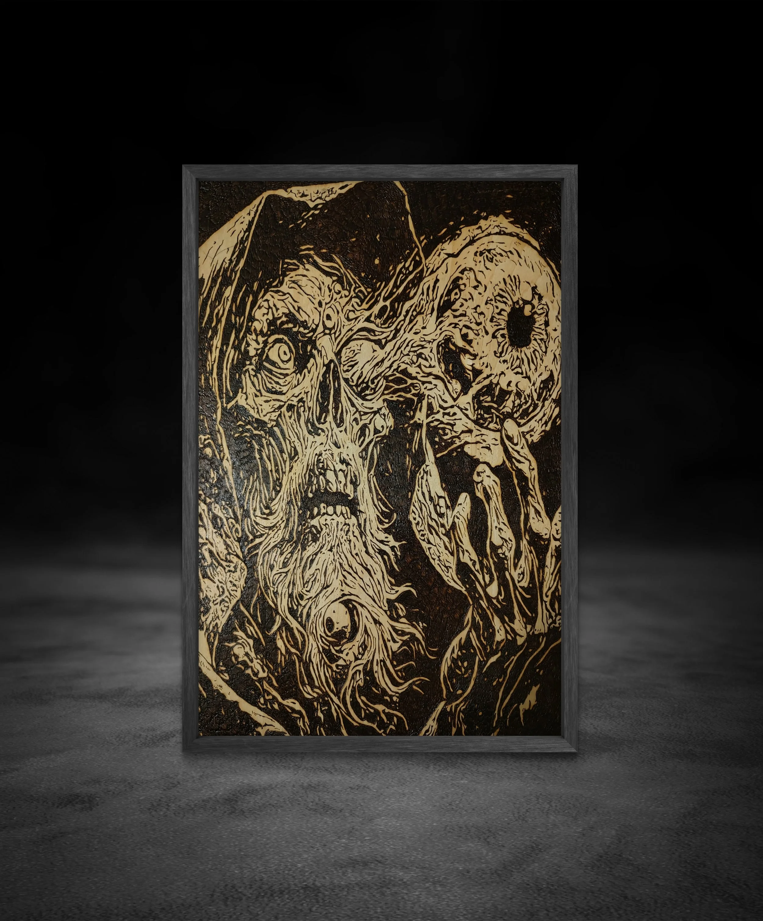 Hand-burned skull pyrography artwork etched into basswood, showcasing detailed wood burning lines and dark symbolic imagery in a framed presentation