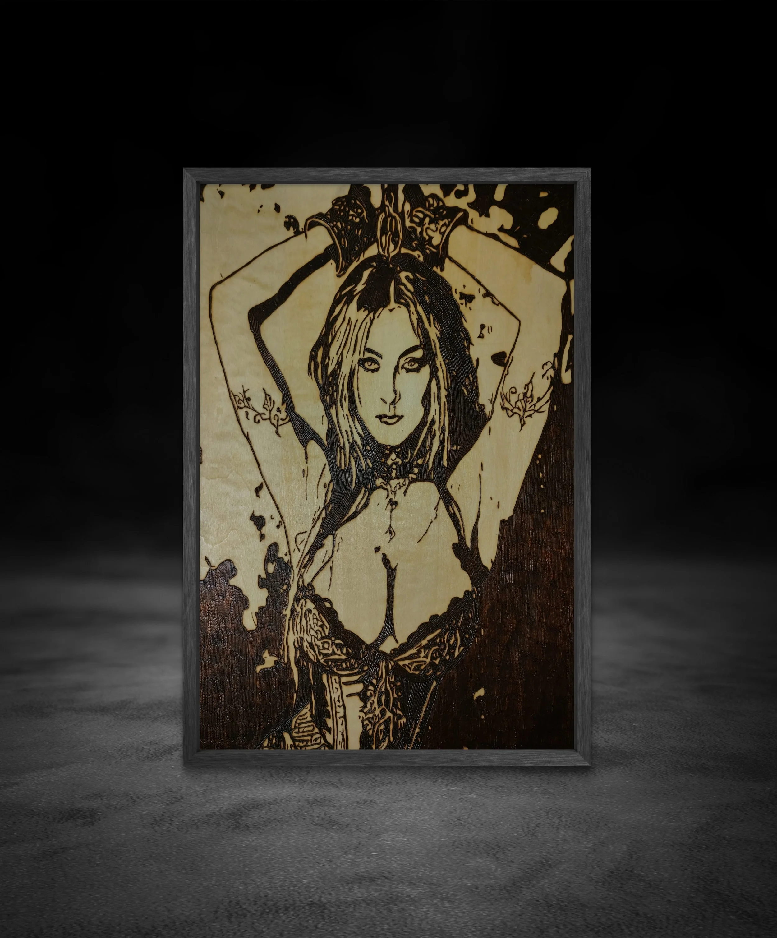 Original female figure pyrography artwork burned into basswood, showcasing detailed hand wood burning and traditional pyrography with bold contrast and expressive line work