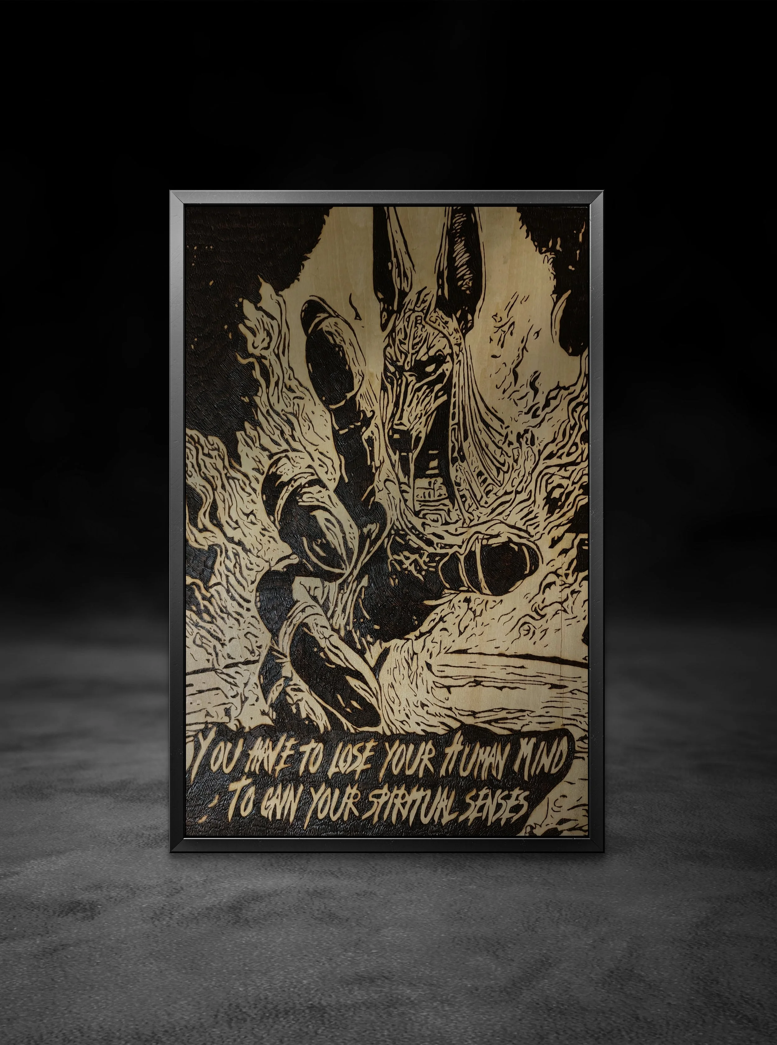 Hand-burned Anubis pyrography artwork created with traditional wood burning techniques, showcasing high-contrast line work and symbolic detail on basswood