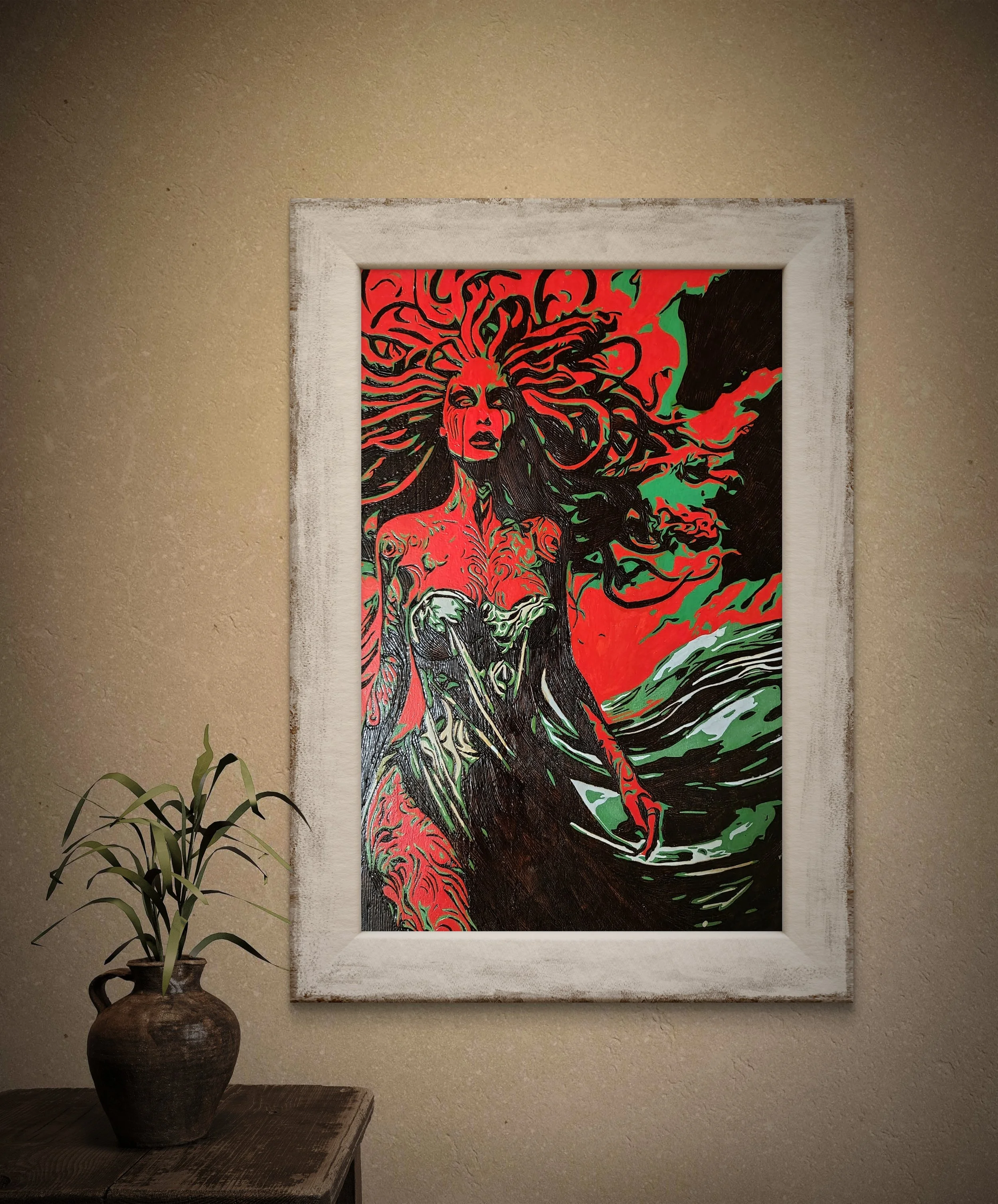 Framed painted wood burning art of Medusa with flowing hair, handcrafted pyrography and paint on basswood