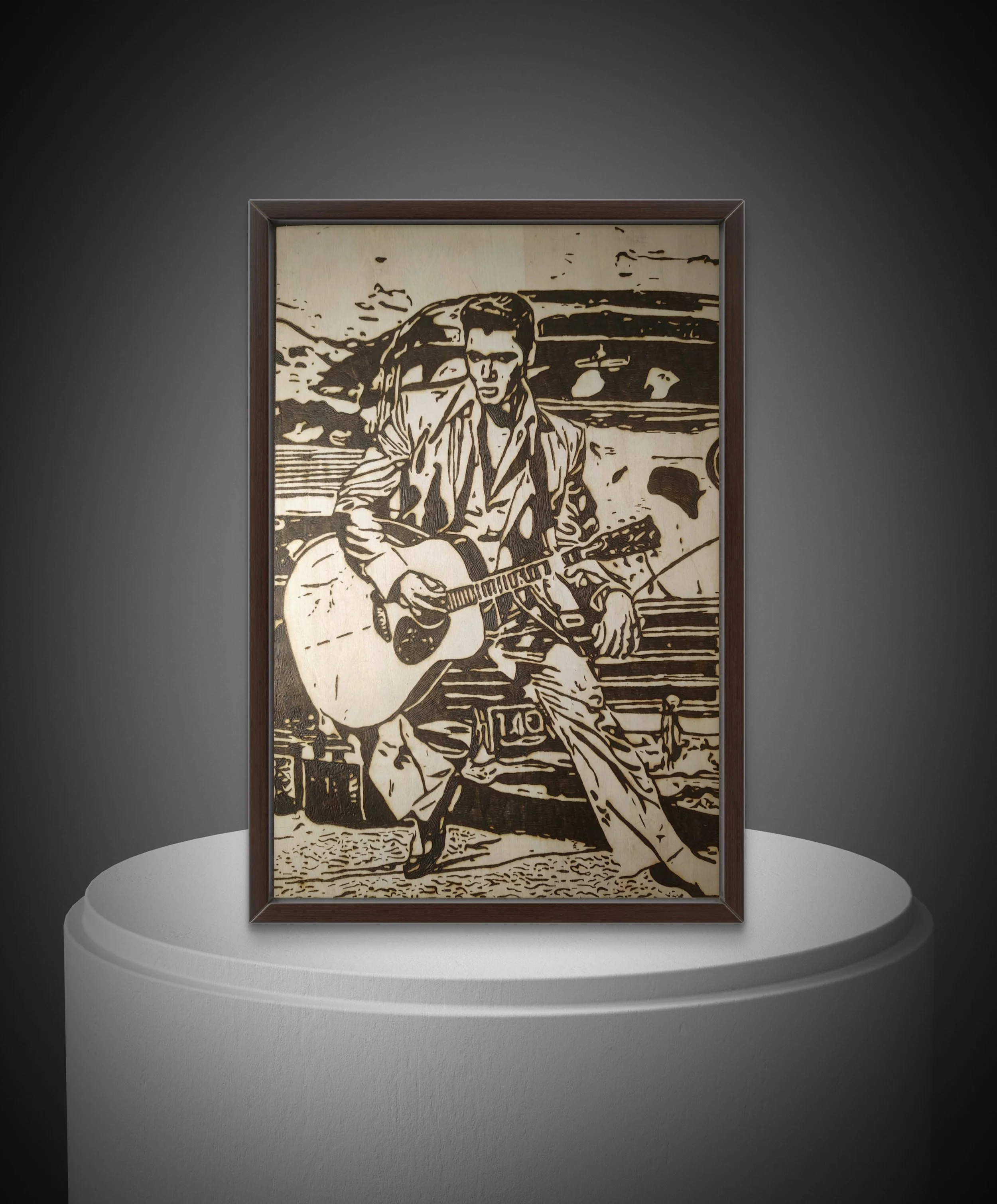 Handcrafted wood-burning artwork of a seated musician holding an acoustic guitar beside a classic car, original pyrography burned into solid basswood.