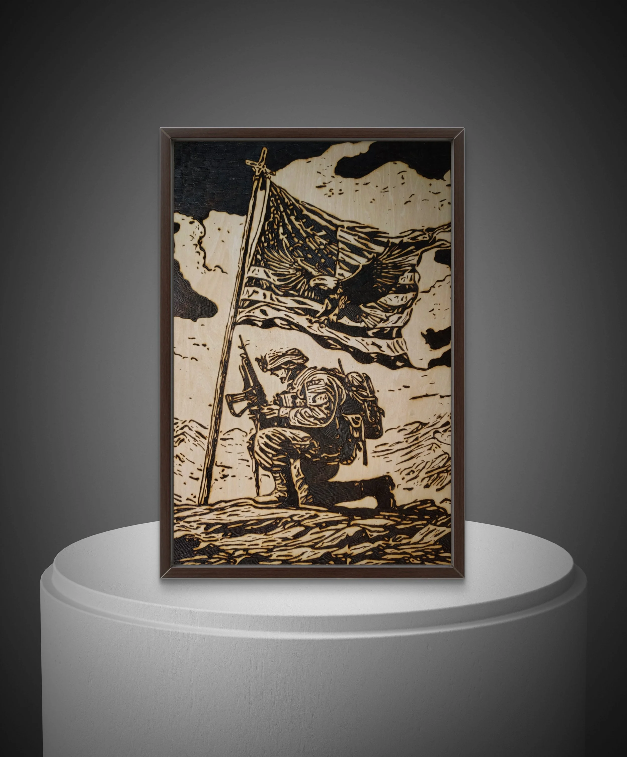 original wood-burned artwork of military soldier planting a flag, handcrafted pyrography wall art created by hand