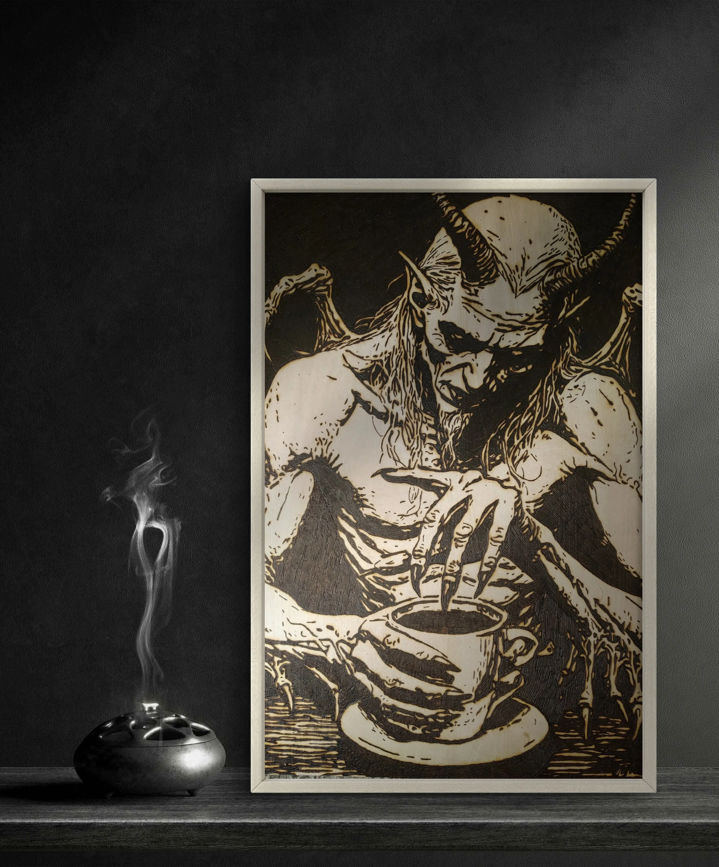 Hand-burned demon pyrography artwork displayed in a minimalist setting, showcasing original wood burning art etched into solid basswood with detailed line work