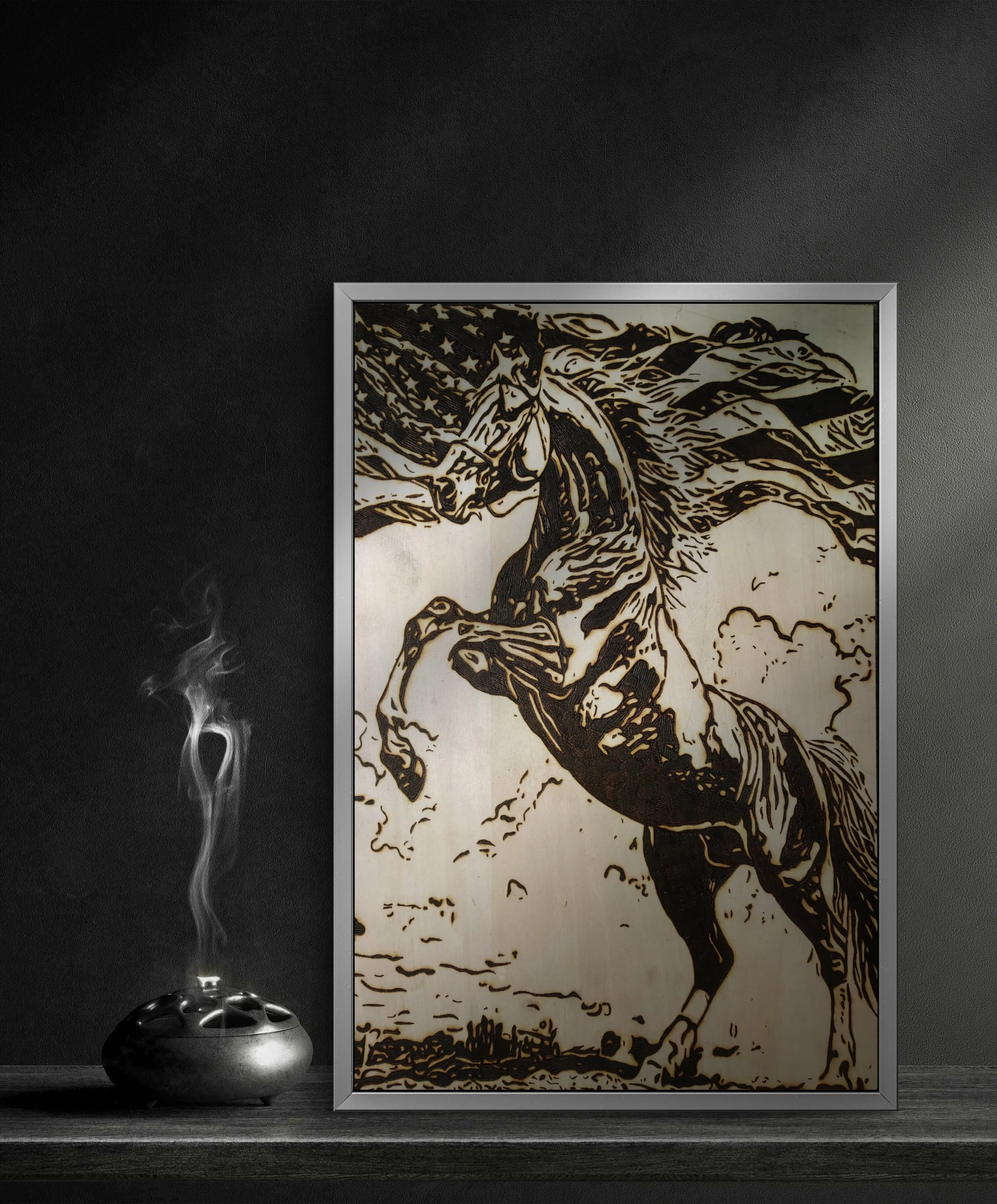 Original wood-burned horse artwork featuring patriotic American flag elements, burned entirely by hand into natural wood with visible grain and high-contrast detail.