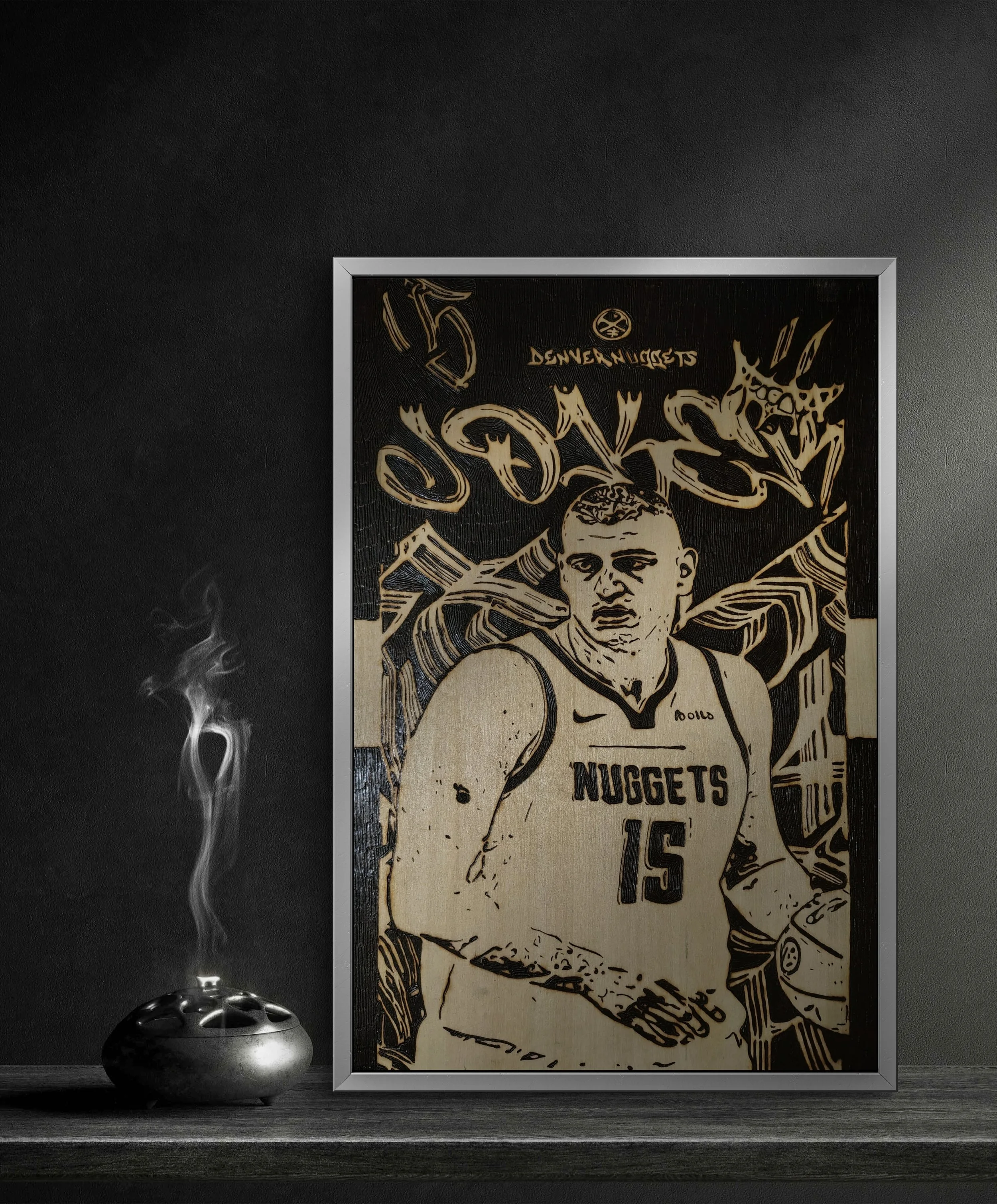 Original basketball portrait pyrography artwork of Nikola Jokić created with traditional wood burning techniques, burned by hand into basswood with visible grain interaction and textured depth