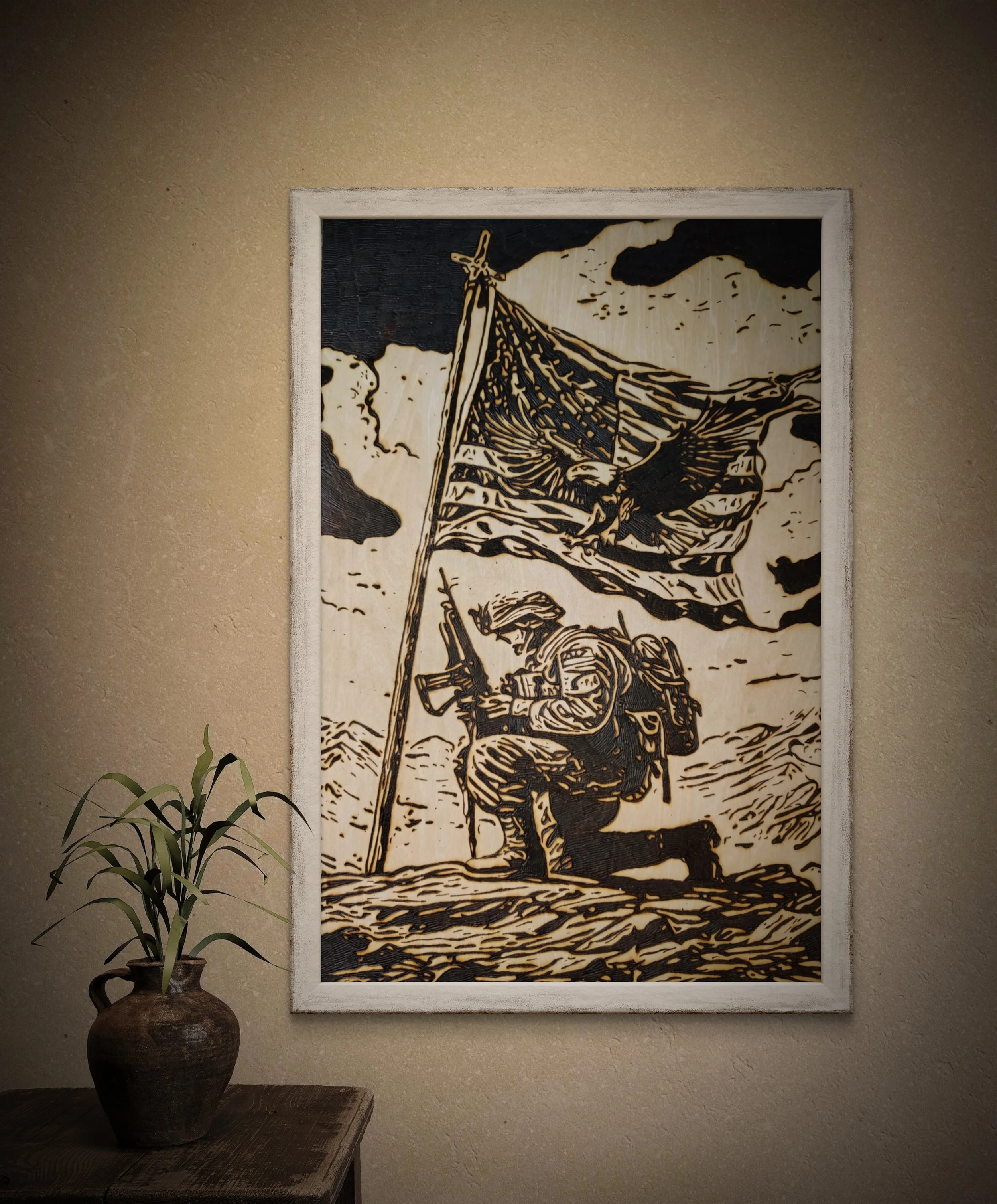 framed wood burning art showing kneeling infantry soldier, handcrafted pyrography artwork with detailed burn texture
