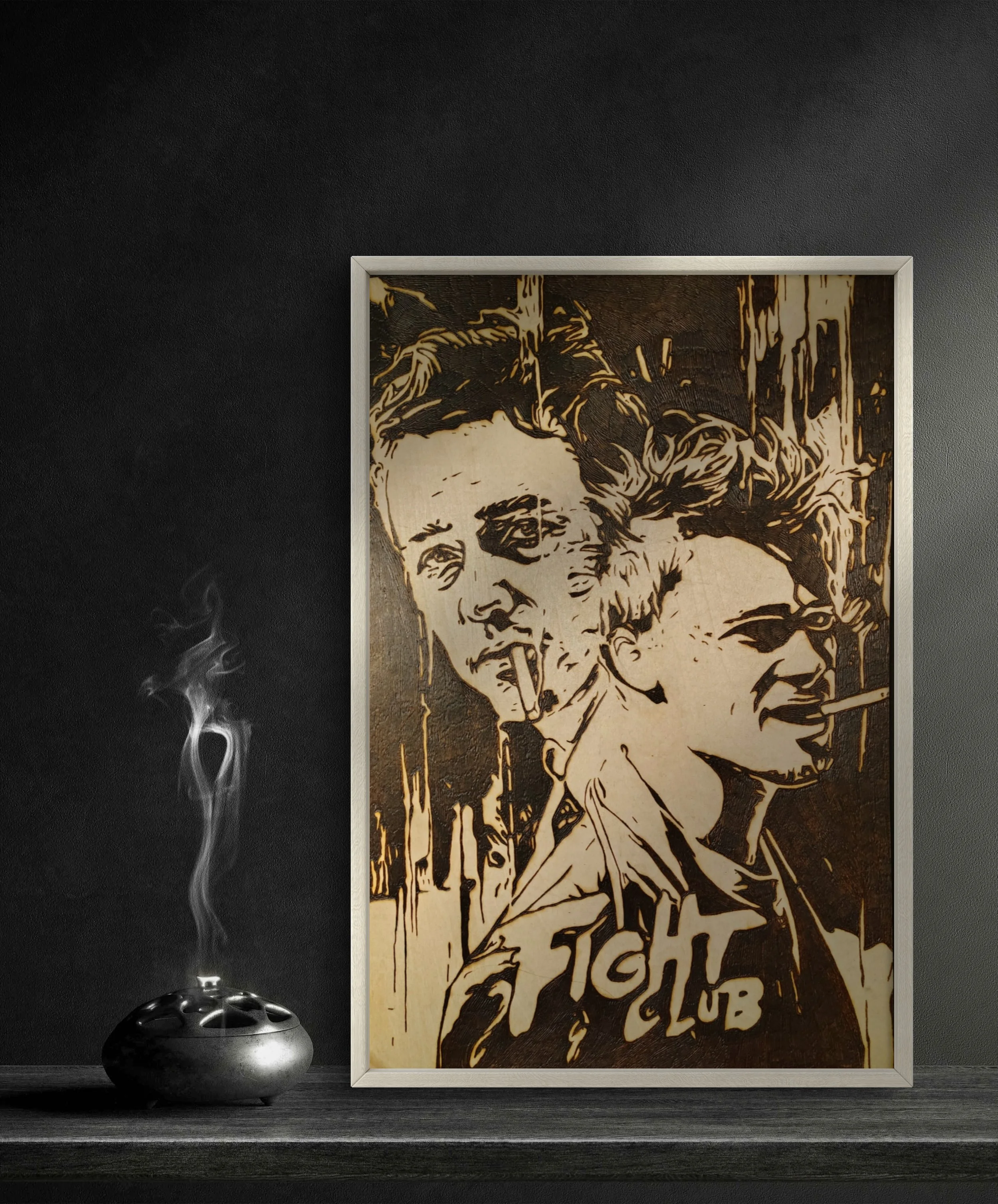 Original wood-burned artwork inspired by psychological duality and fractured identity, hand-burned pyrography on basswood.