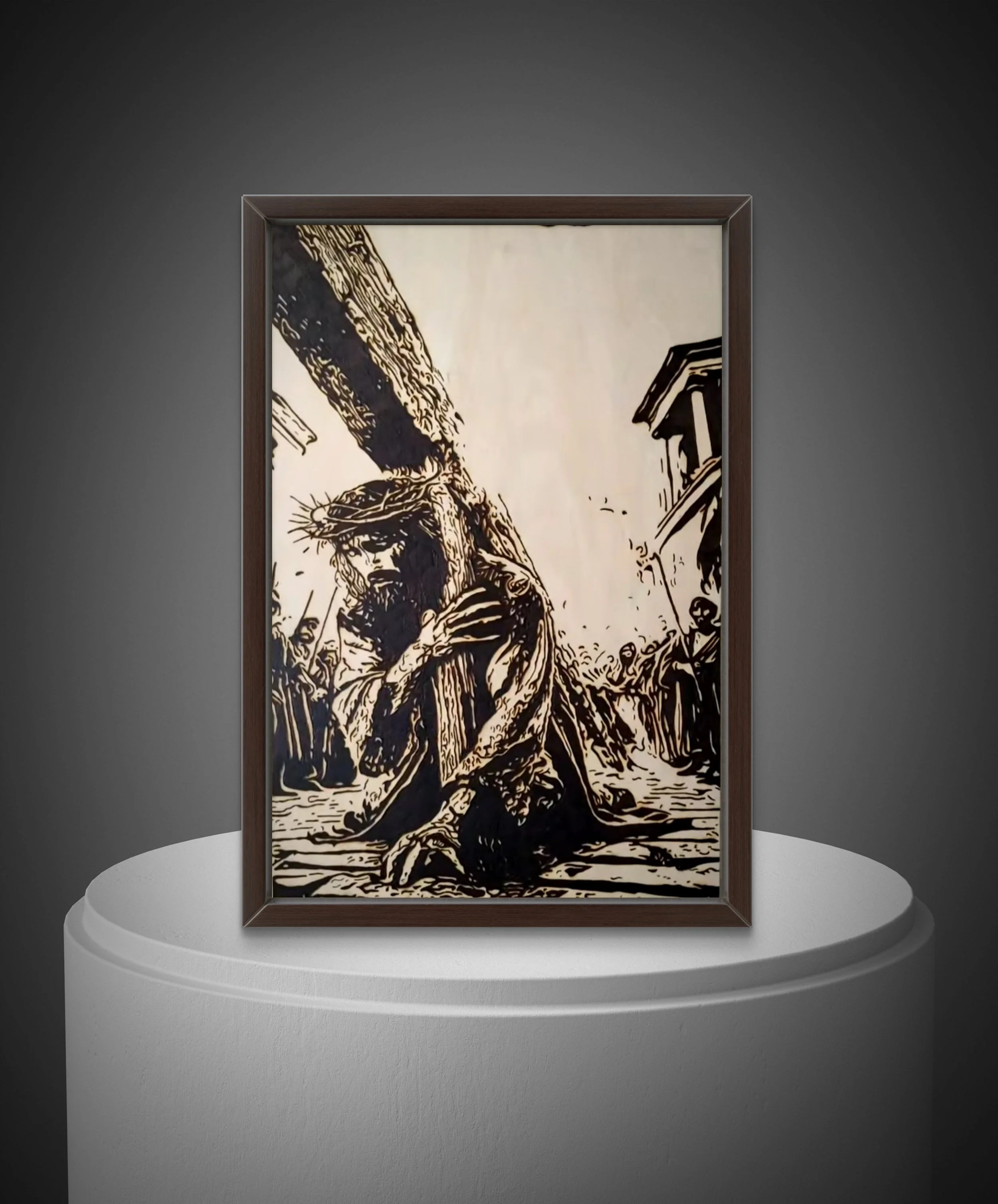 Close-up wood-burning artwork showing detailed burn lines and grain texture in Crucification Crawl