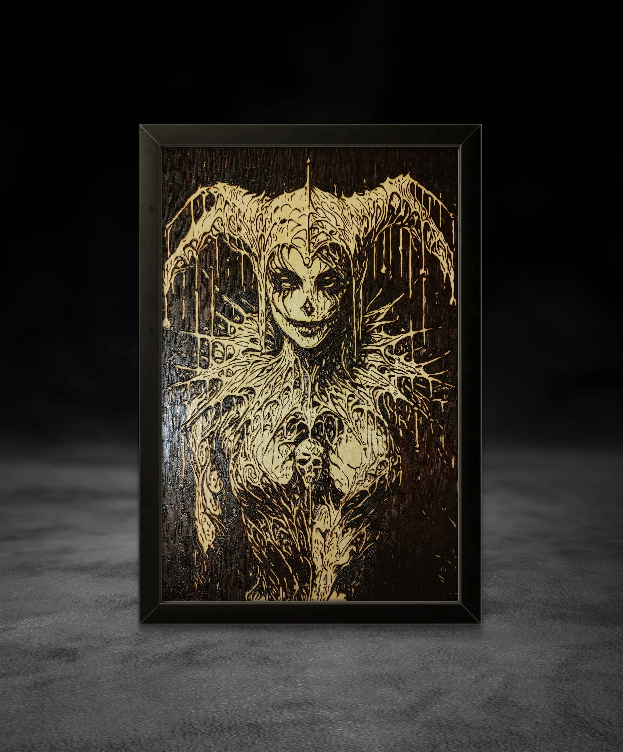 Fine art wood burning created entirely by hand, original pyrography artwork with intricate texture and contrast