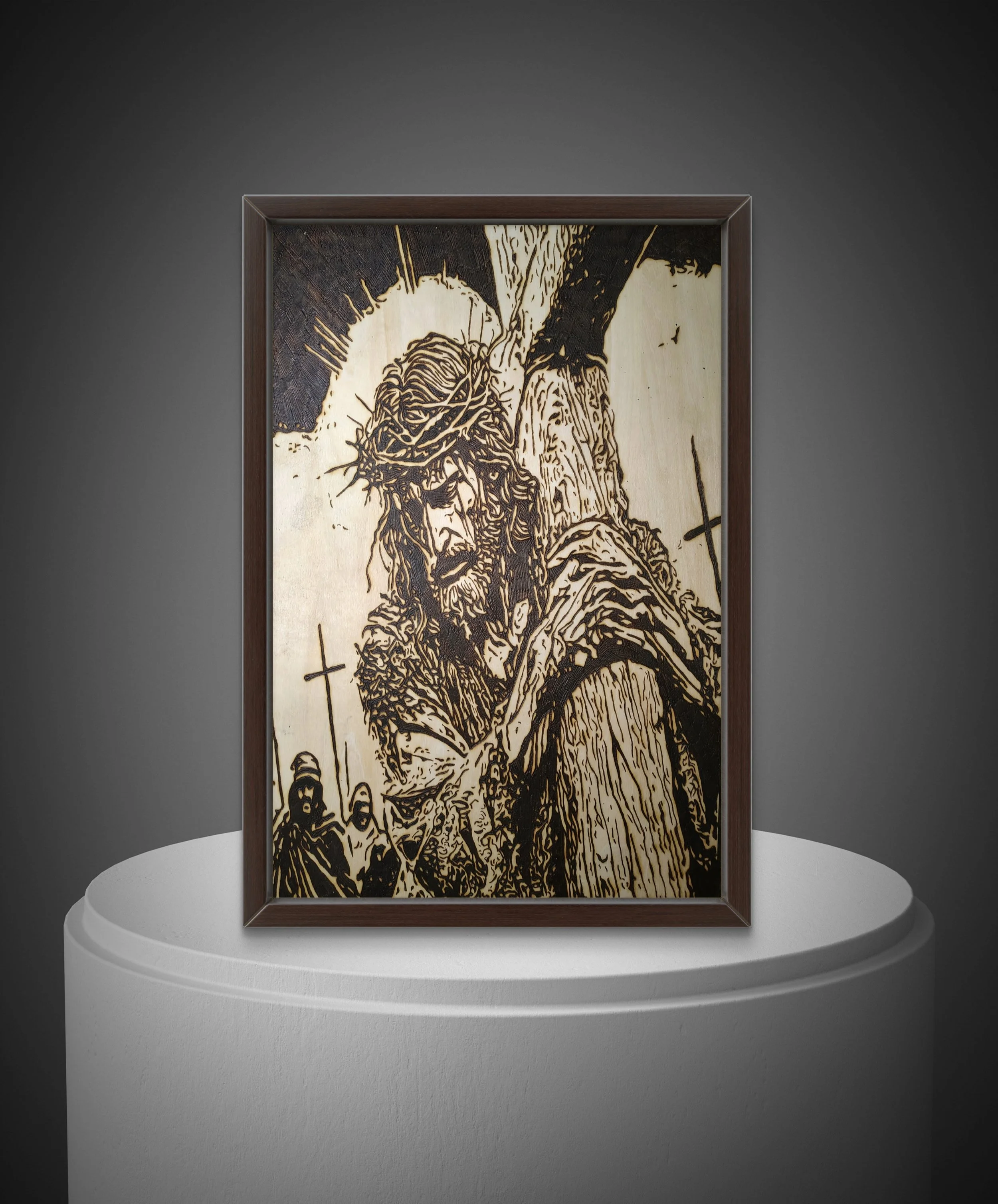 Hand-burned wood art depicting Christ carrying the cross, burned into basswood with high contrast and expressive line work