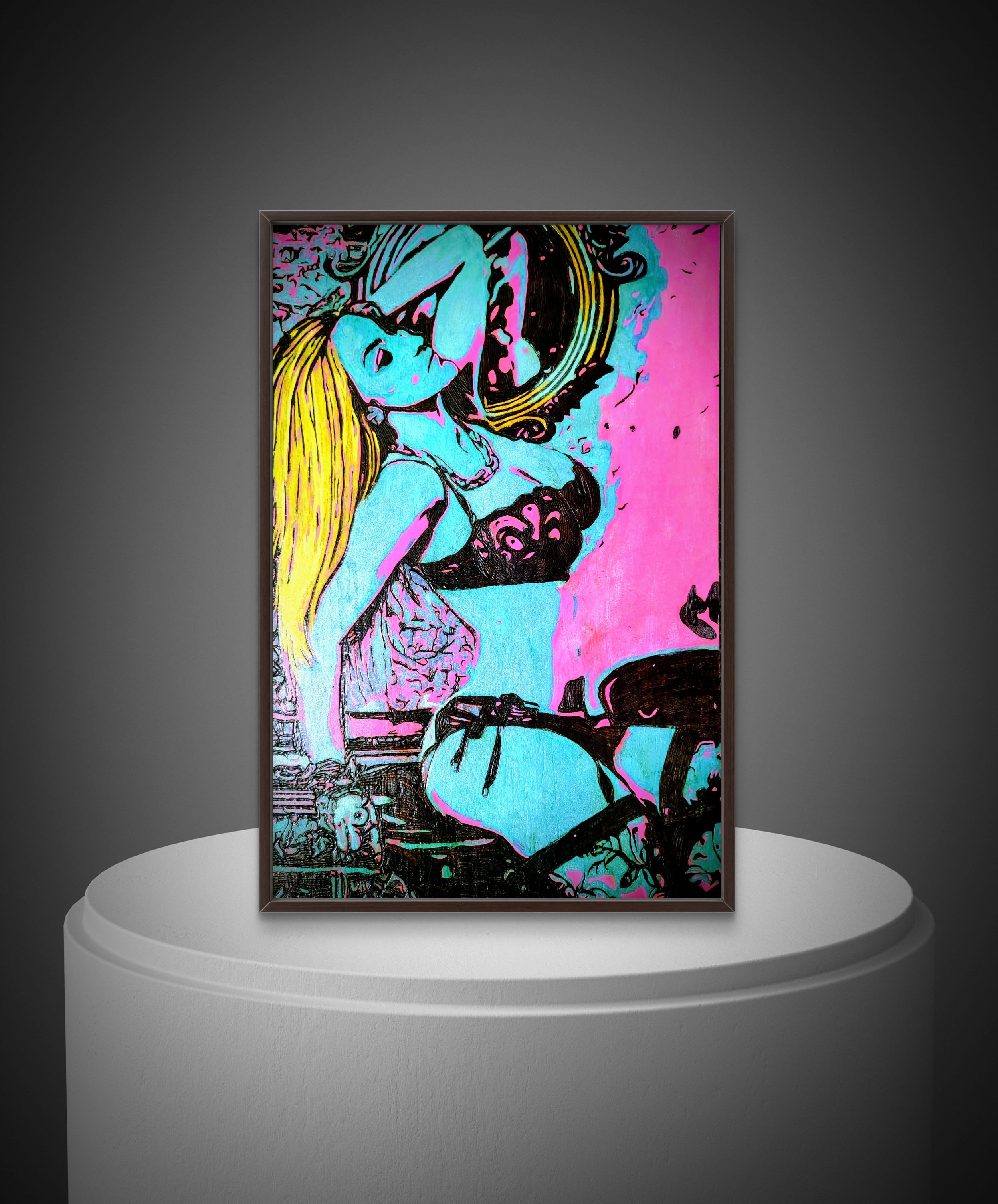 Framed mixed-media wood burning wall art featuring expressive figure art, burned and painted by hand on natural basswood