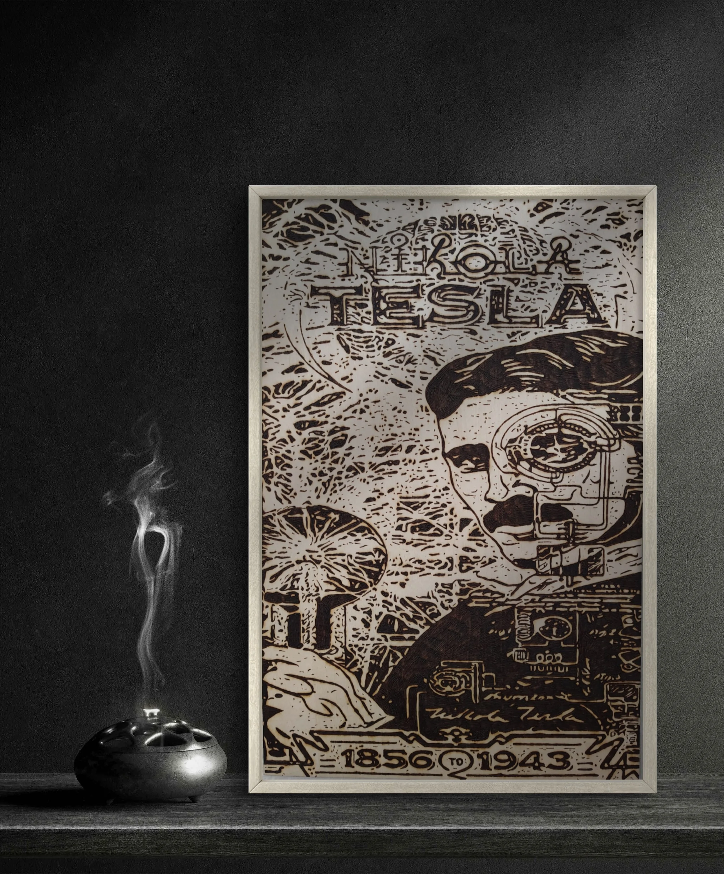 Original Tesla-inspired wood burning and pyrography artwork depicting Nikola Tesla merged with schematic textures, burned by hand into solid basswood with high-detail line work