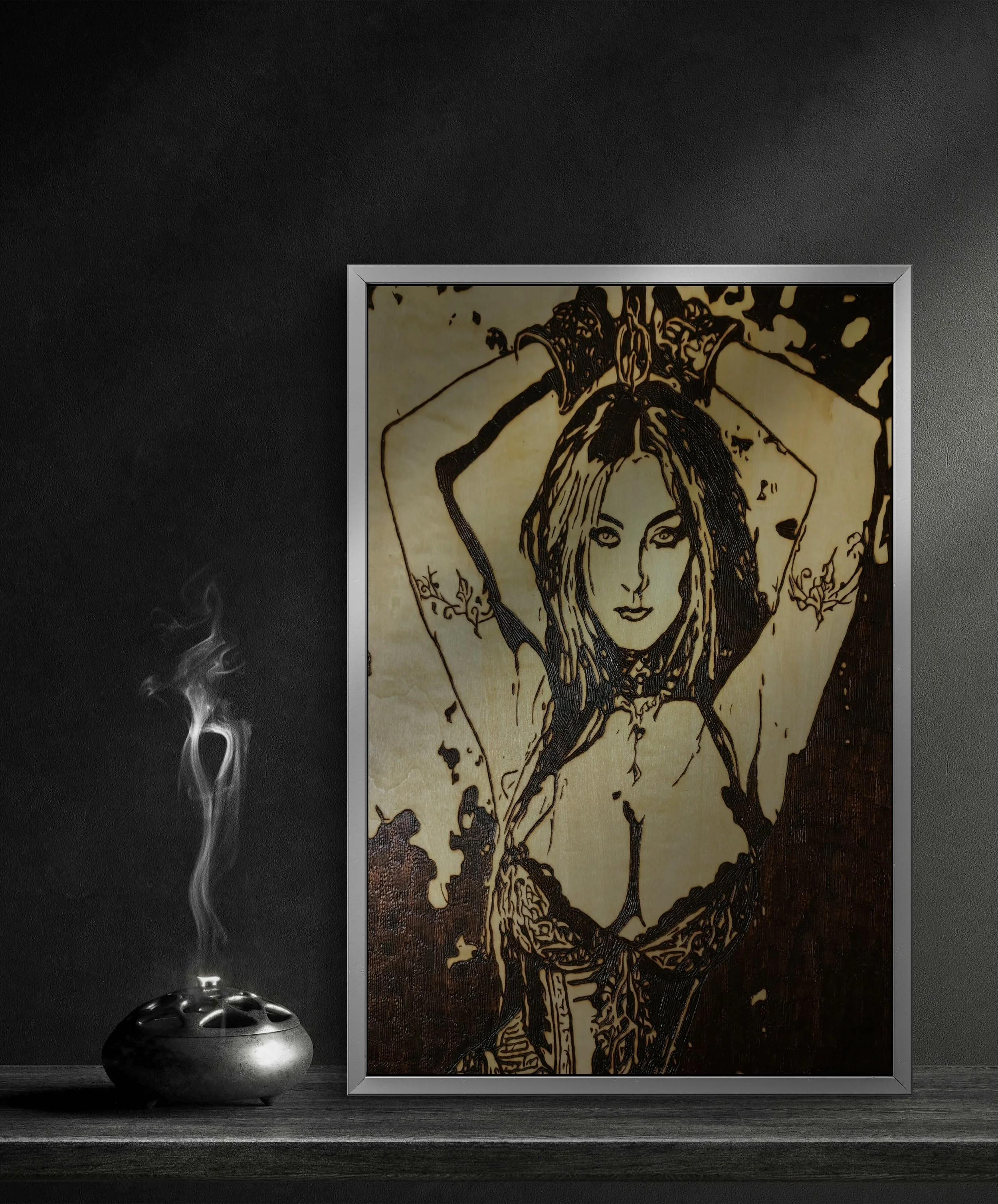 Original figurative wood burning and pyrography artwork depicting a female form with raised arms, burned by hand into basswood with intricate detail and texture