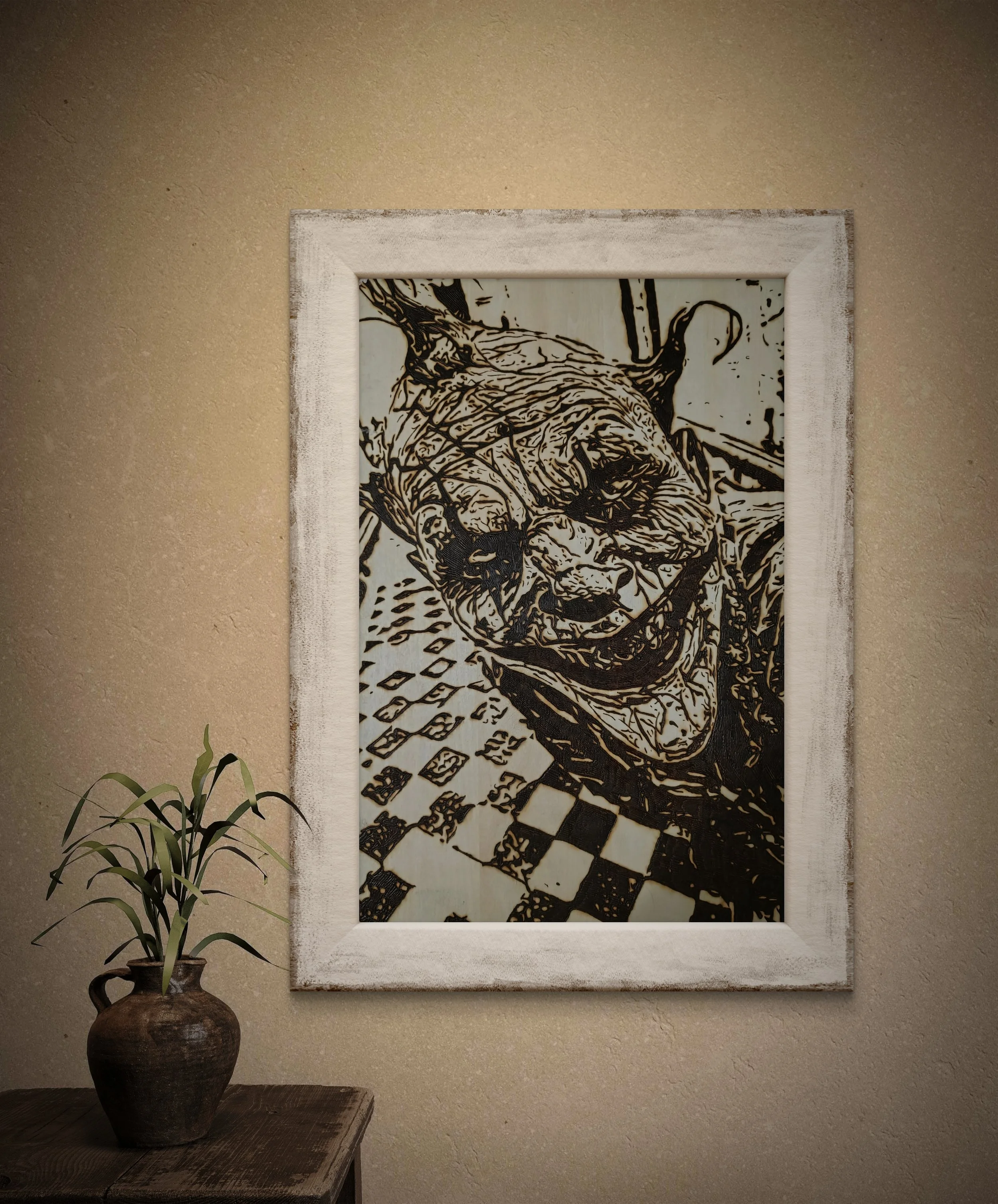 Close-up view of intricate wood-burned art illustrating a sinister grin and abstract textures, created entirely by hand