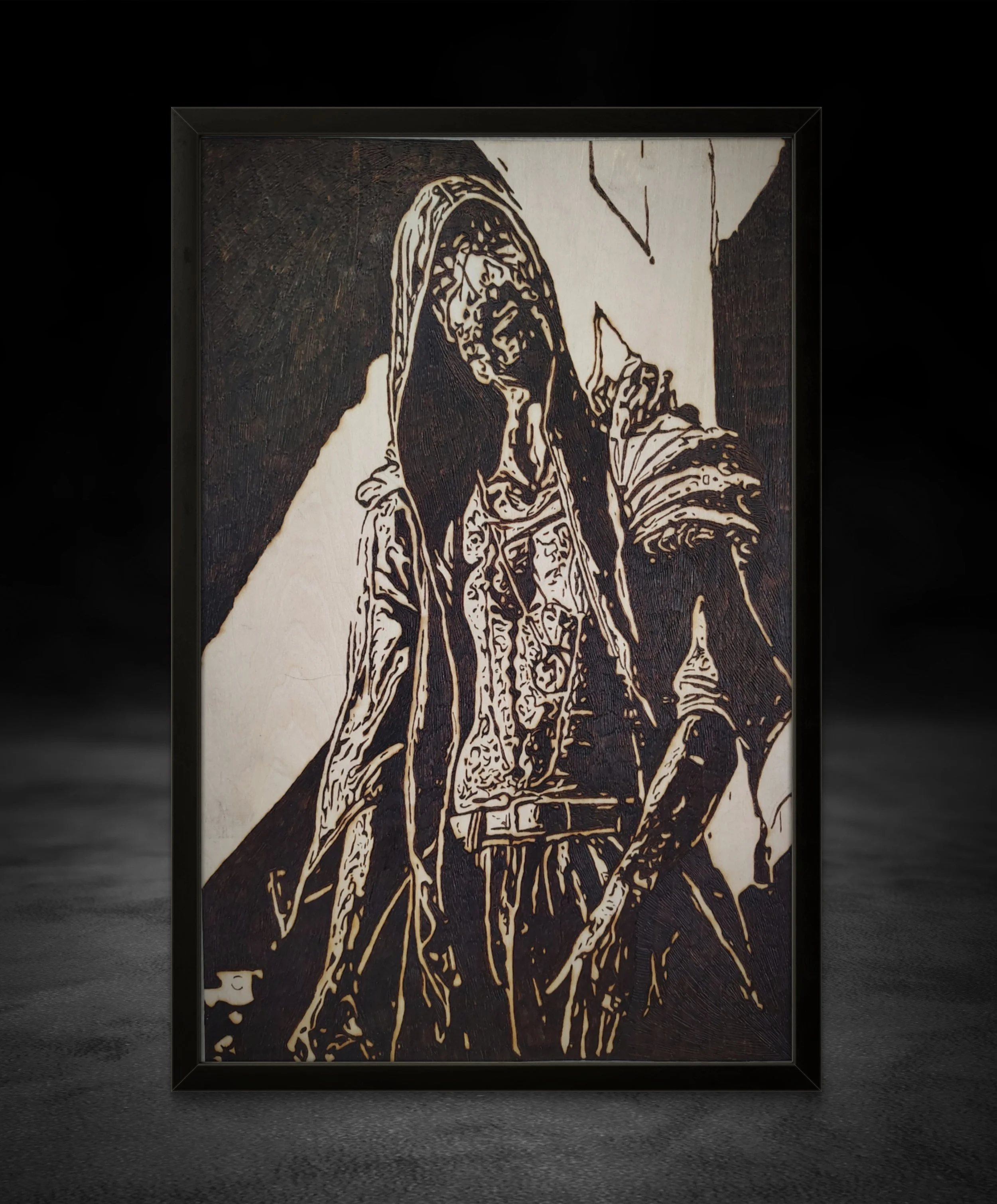 Hand-burned hooded figure pyrography artwork burned into solid basswood, showcasing detailed wood burning and ritual-inspired composition
