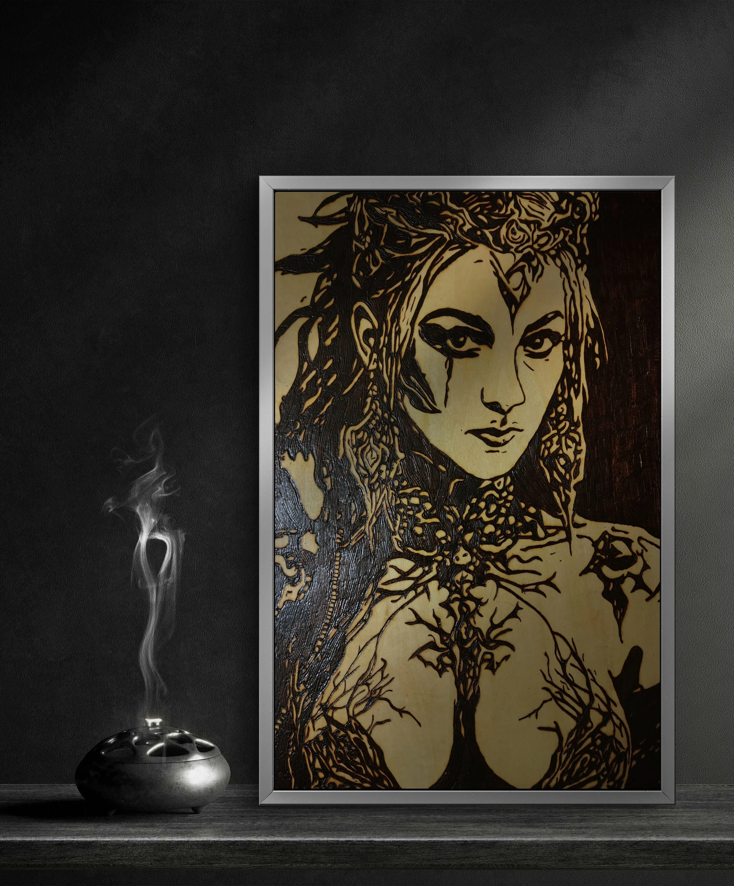 Original portrait pyrography artwork created with traditional wood burning techniques, burned by hand into basswood with detailed texture and organic grain interaction