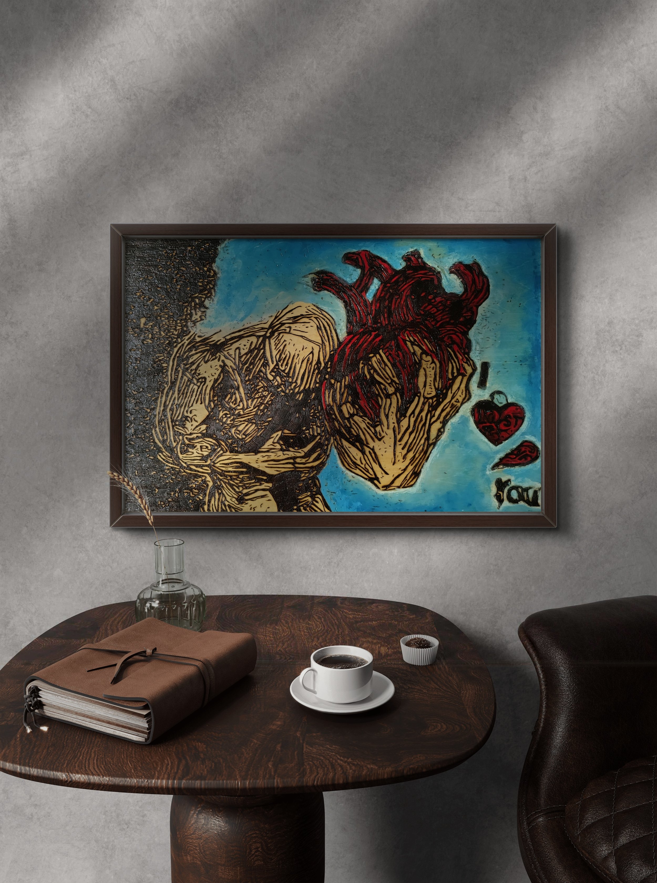 Original wood burning and pyrography artwork shown in a modern interior setting, featuring a hand-burned basswood piece with expressive line work and organic grain texture