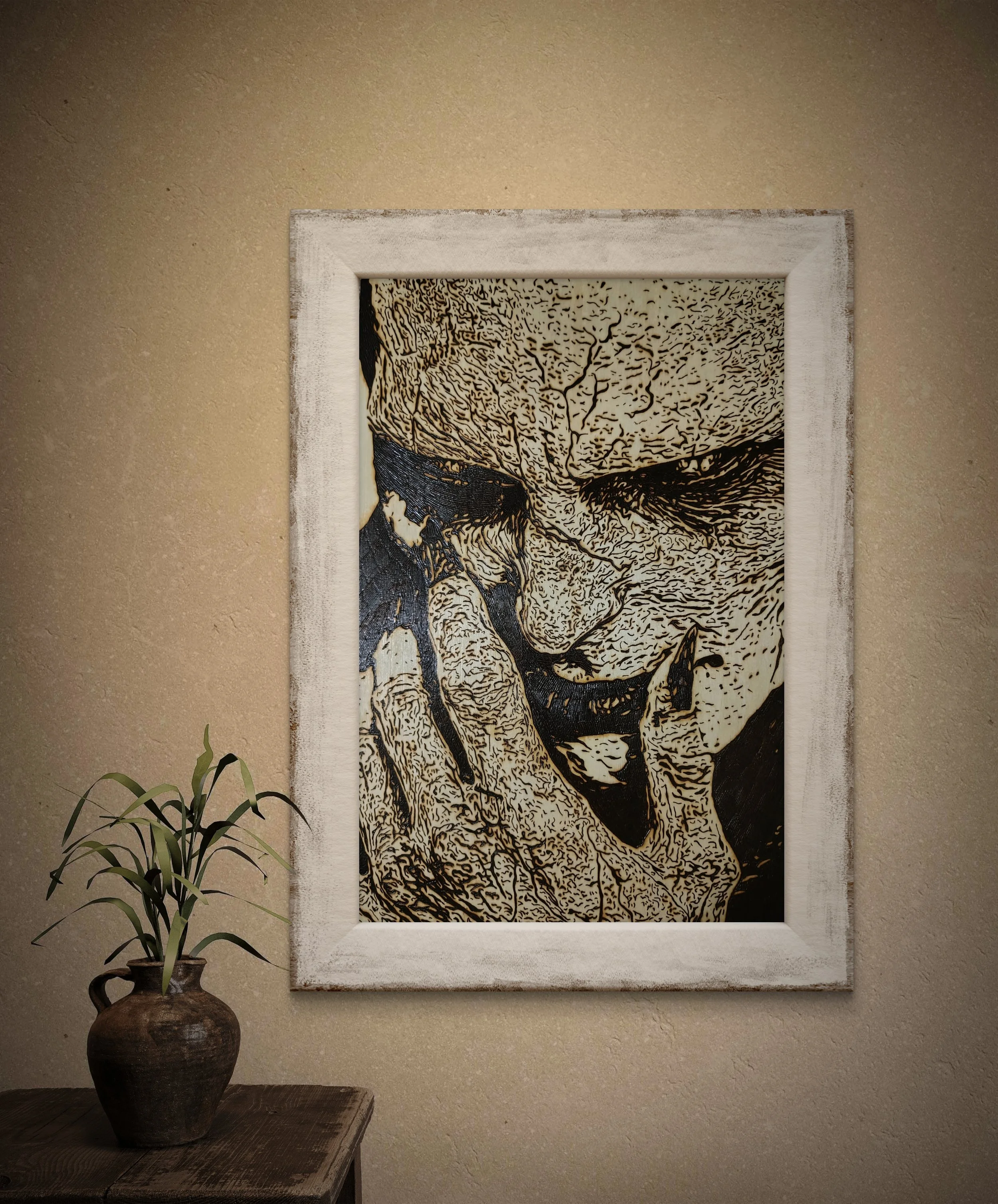 Detailed wood burning art showing a distorted human face with deep texture and contrast, created by hand on basswood