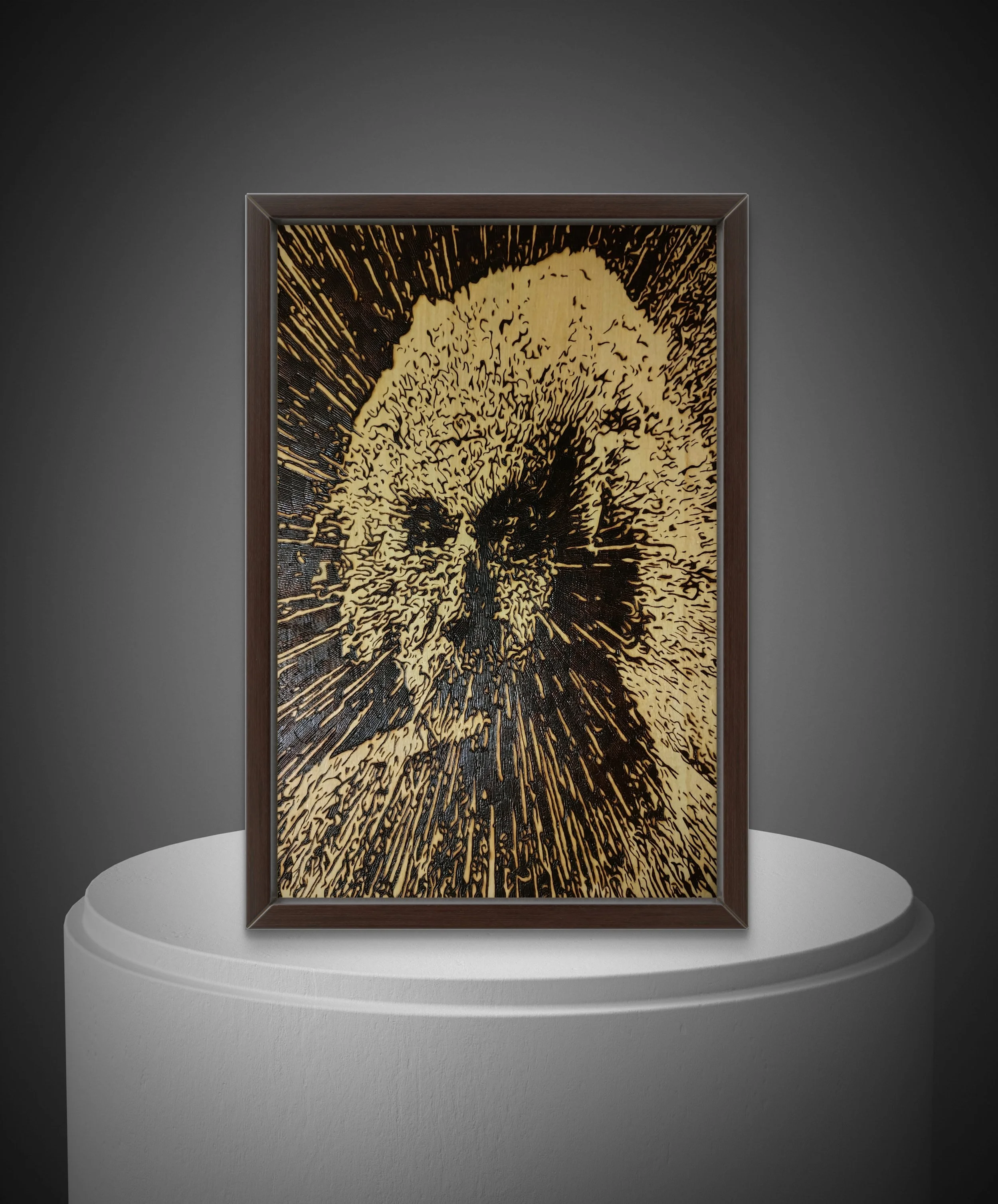 Hand-burned Einstein wood artwork emerging through explosive burn patterns on basswood