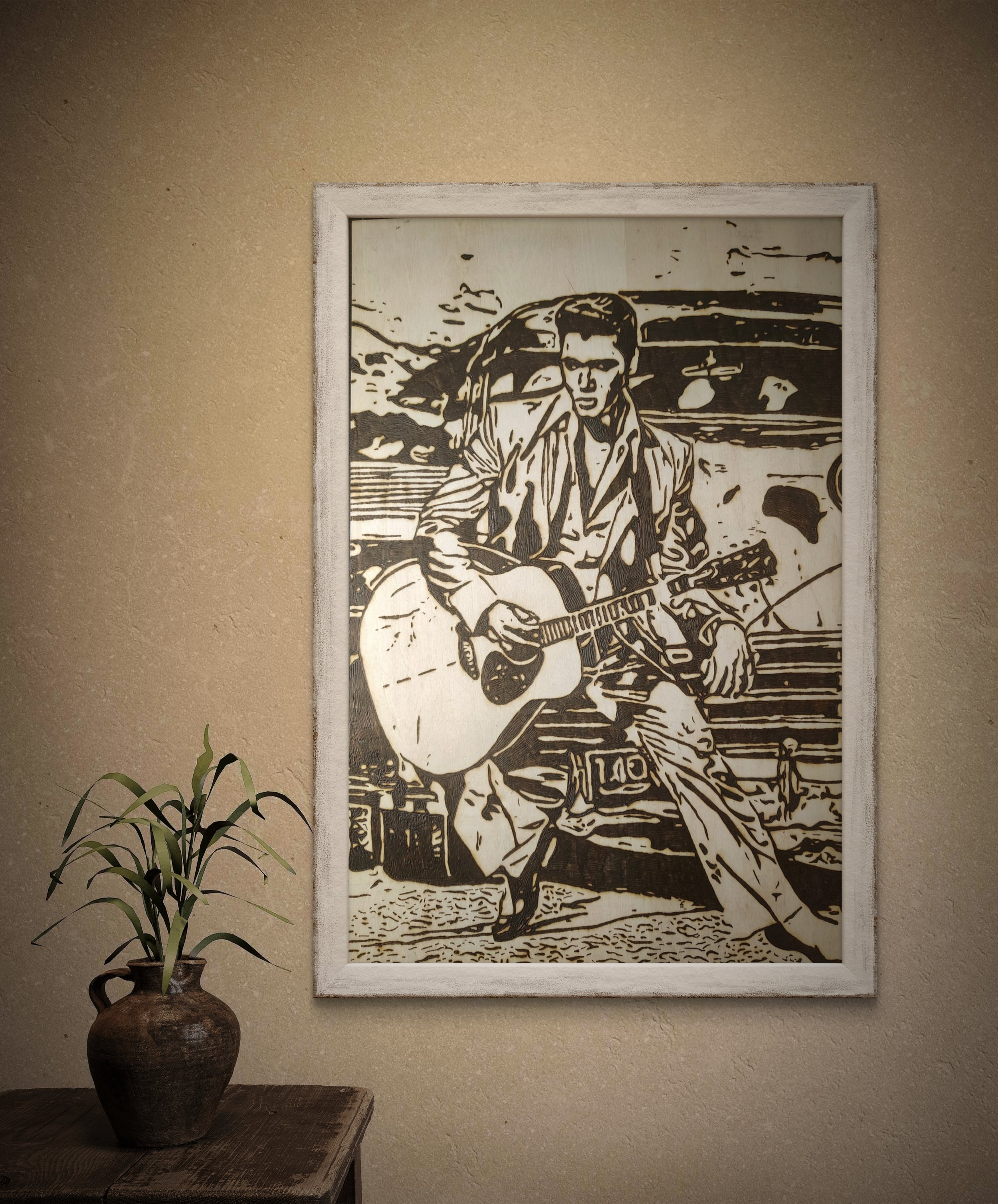 Original wood-burned artwork showing a musician with acoustic guitar in a classic automotive setting, handcrafted pyrography on basswood.