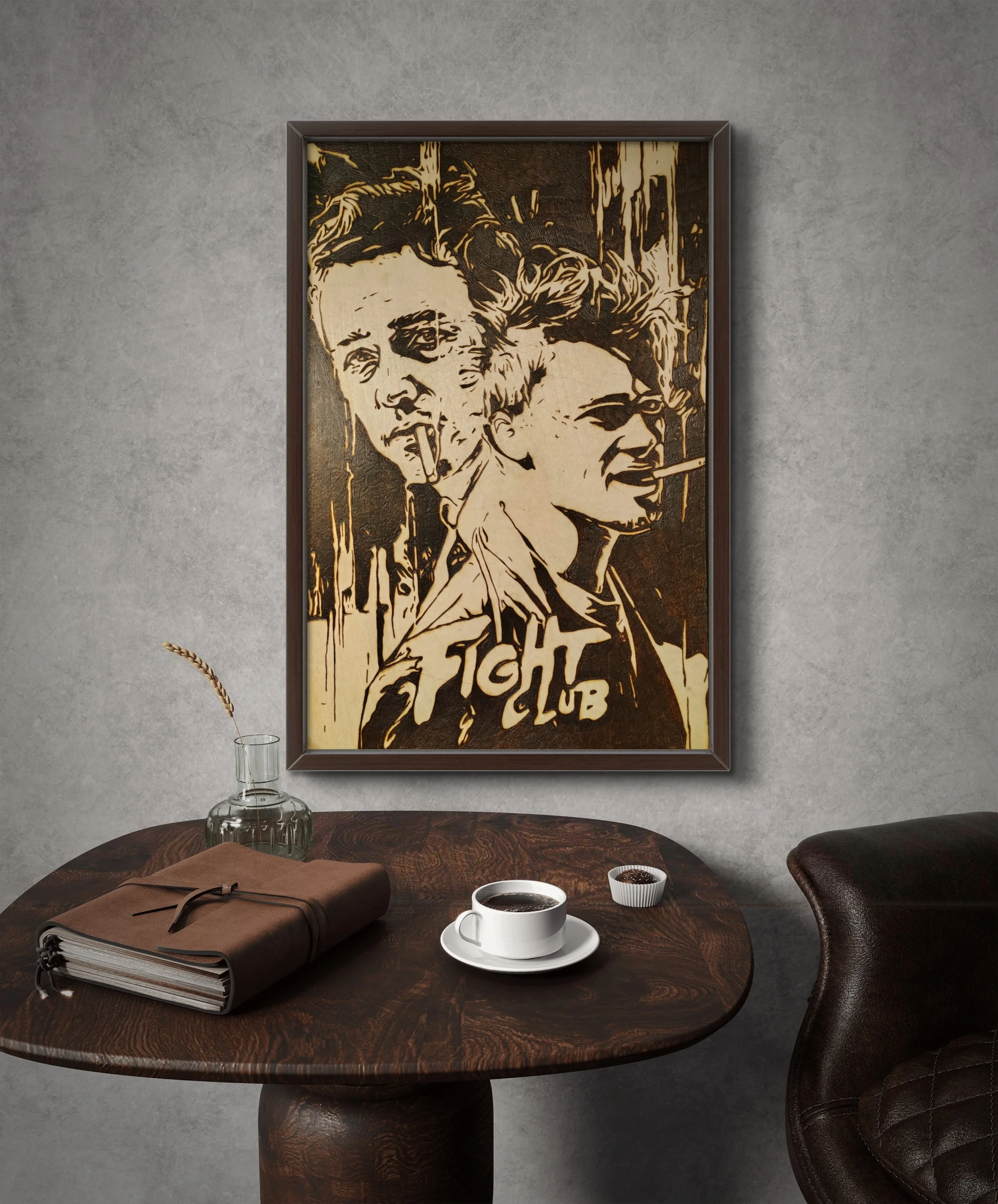 Handcrafted wood-burning artwork depicting dual male faces symbolizing internal conflict, original pyrography burned into solid basswood.