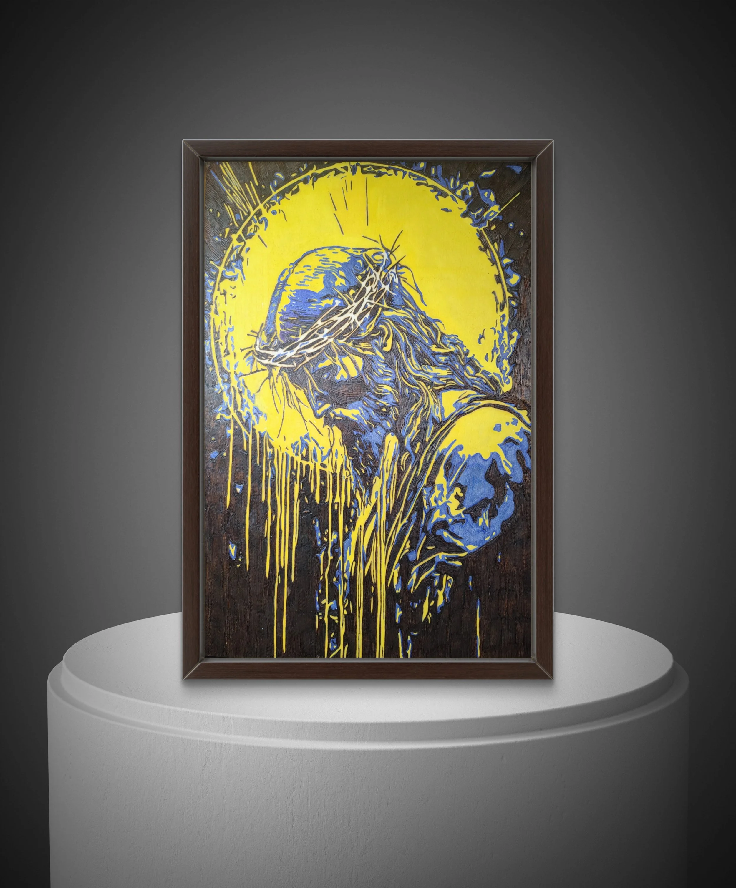 Hand-burned and painted wood art depicting a bowed figure with a crown of thorns beneath a glowing halo on basswood