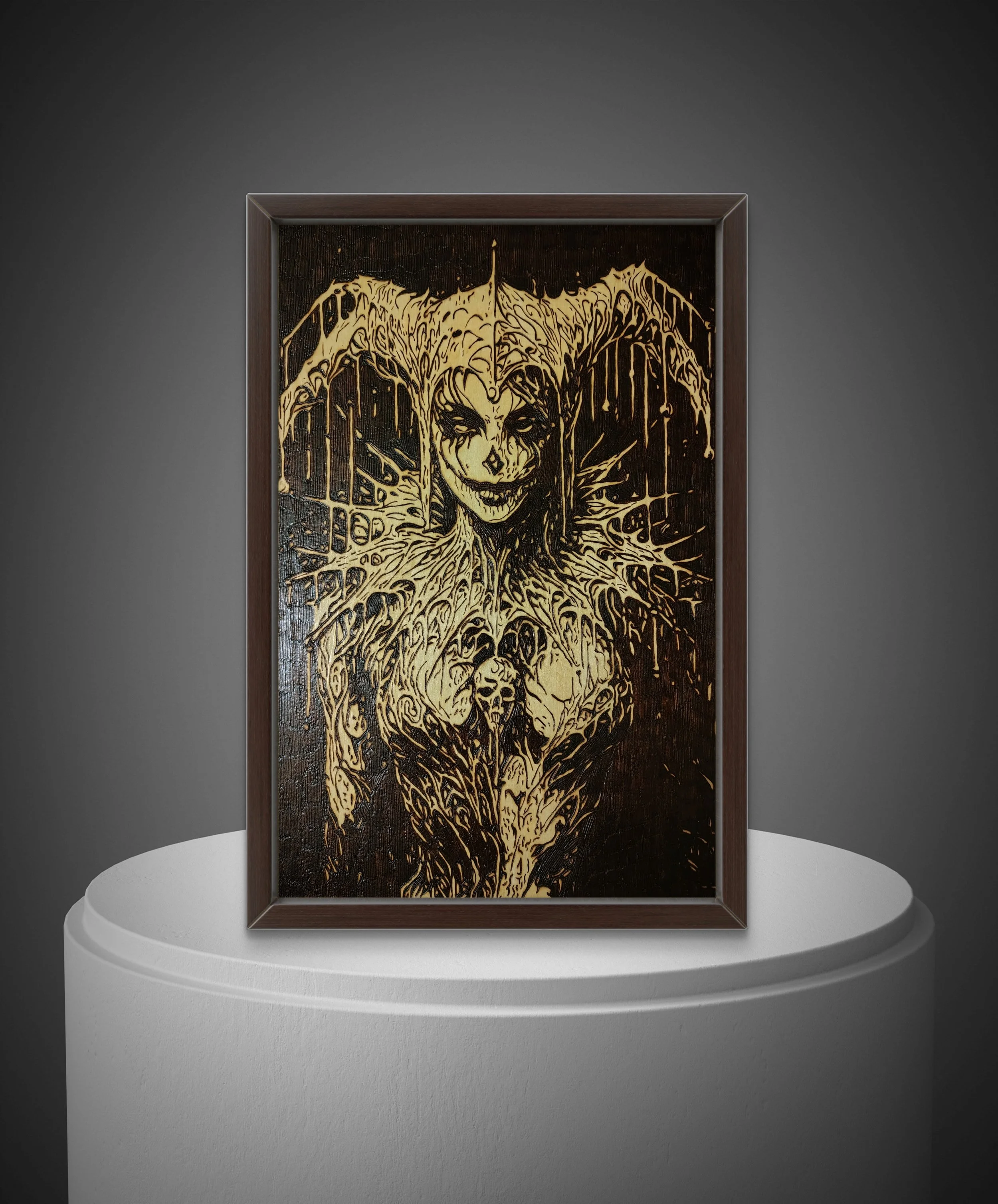 One-of-a-kind pyrography artwork on basswood, detailed hand burned wood art with flowing organic line work