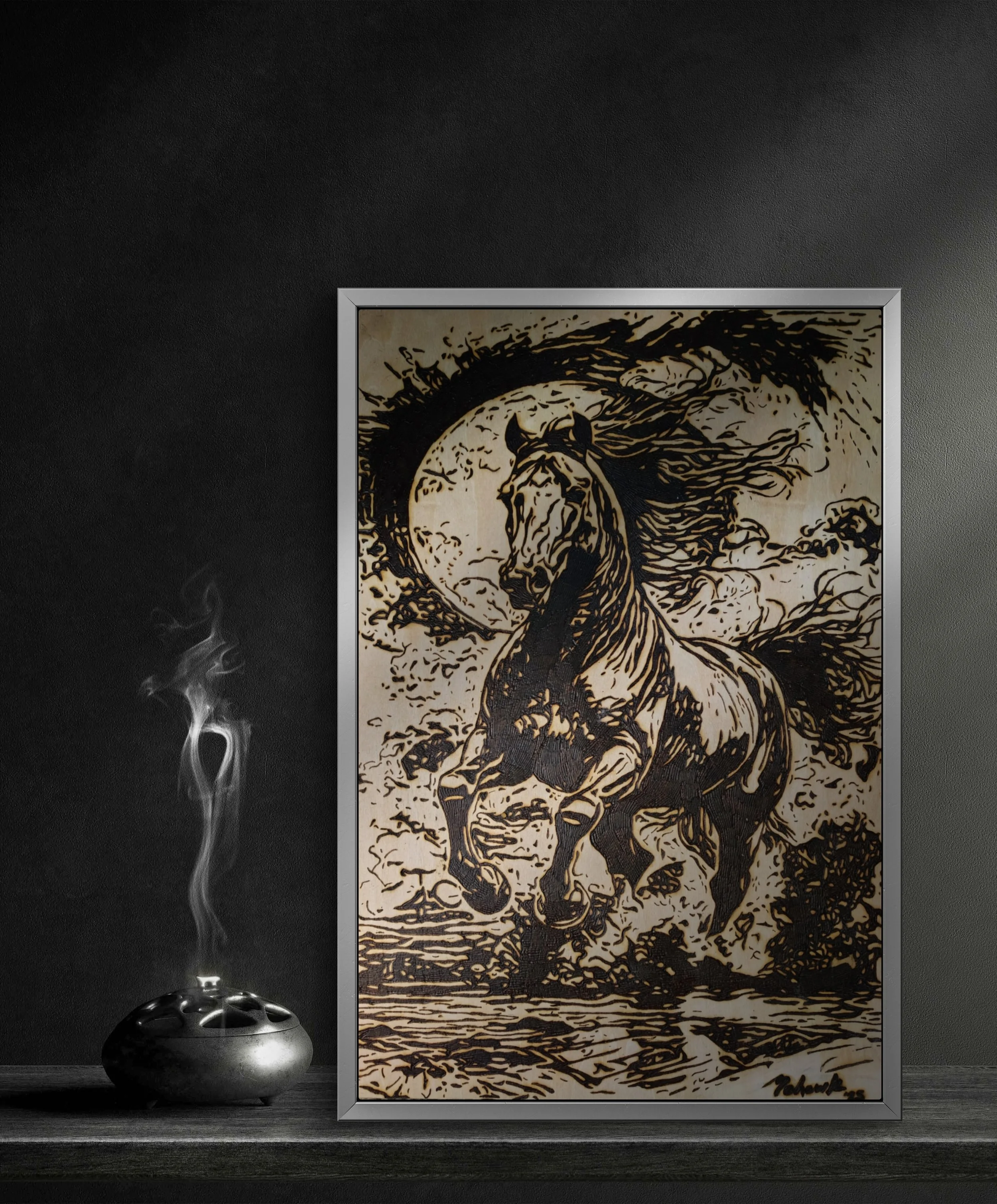 Original equine wood burning and pyrography artwork depicting a wild horse in motion, burned by hand into solid basswood with high-detail line work