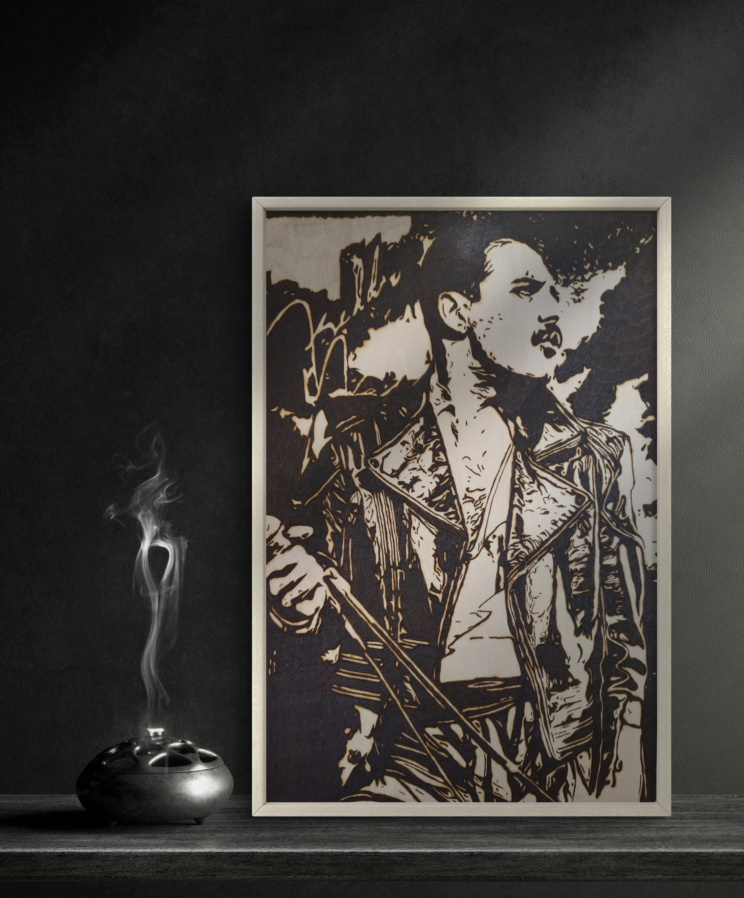 Original Freddie Mercury portrait created with traditional wood burning and pyrography, featuring high-contrast hand-burned line work etched into basswood
