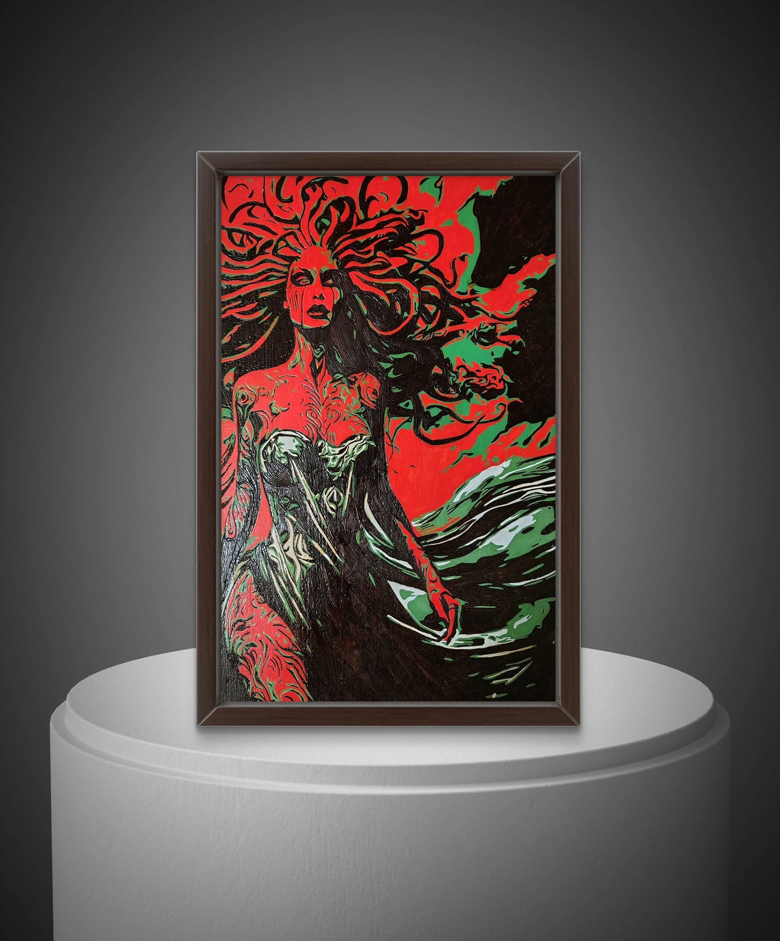 Hand-burned and hand-painted wood artwork depicting Medusa, original pyrography with painted details on basswood