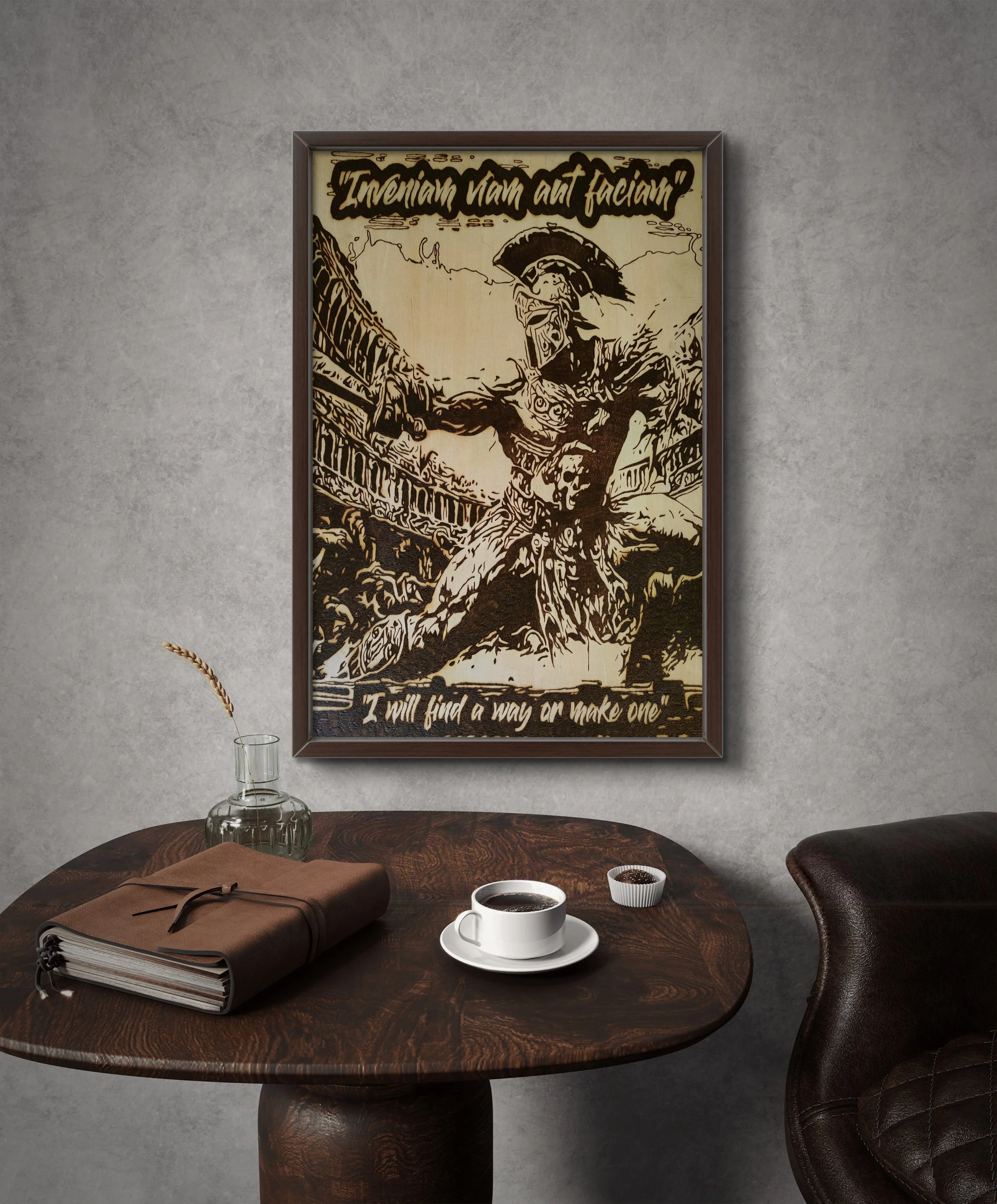 framed wood burning art featuring Roman warrior and Latin inscription, handcrafted pyrography wall art on natural wood