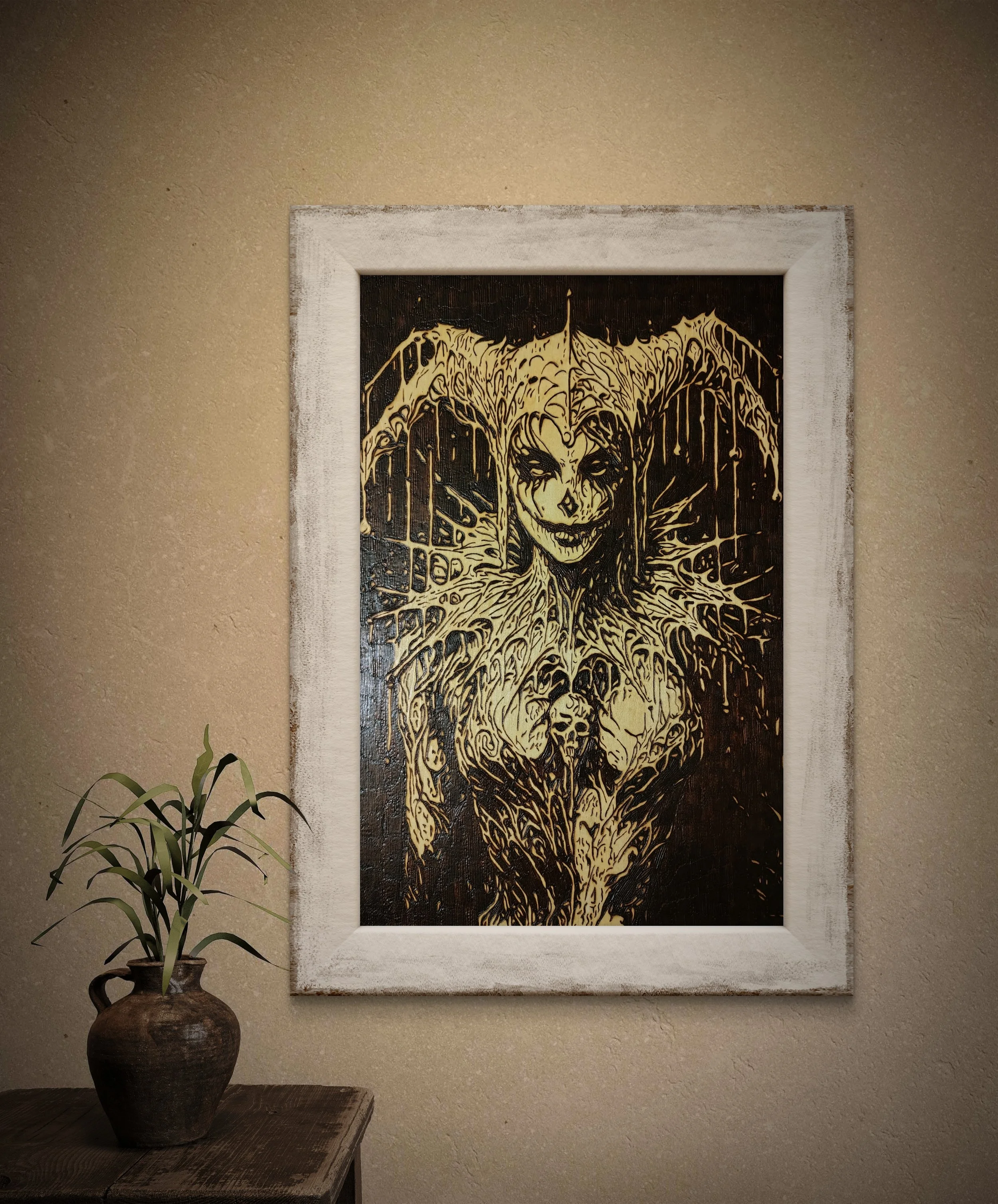Original hand burned wood art depicting a seductive trickster figure, freehand pyrography framed and displayed on wall