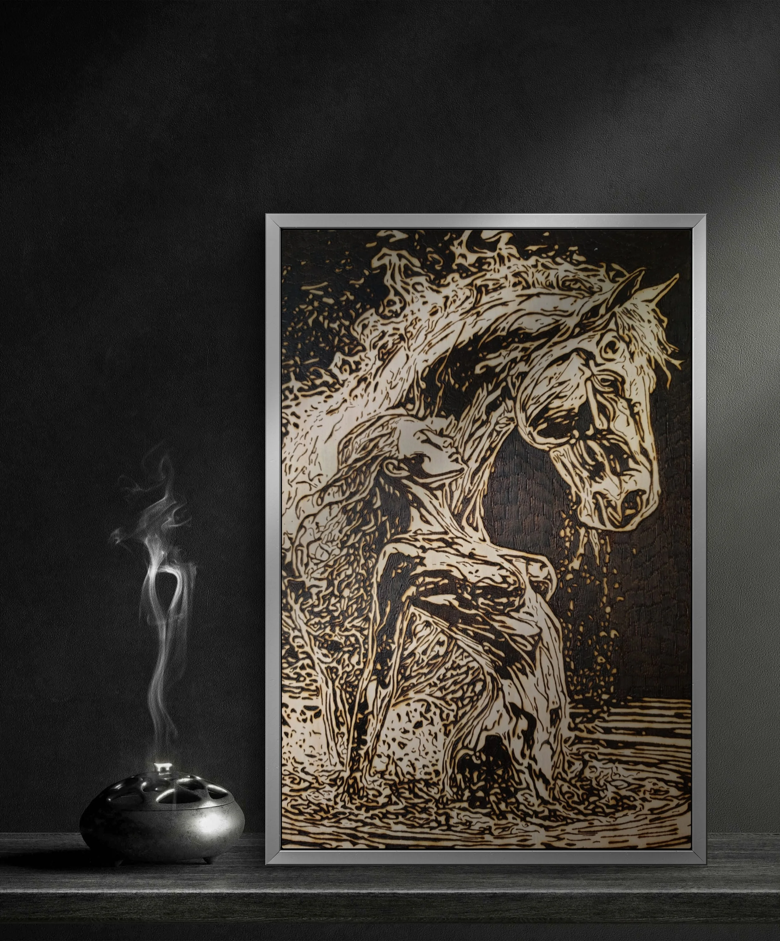 Original horse pyrography artwork created using traditional wood burning techniques, burned by hand into basswood with organic grain interaction and bold movement