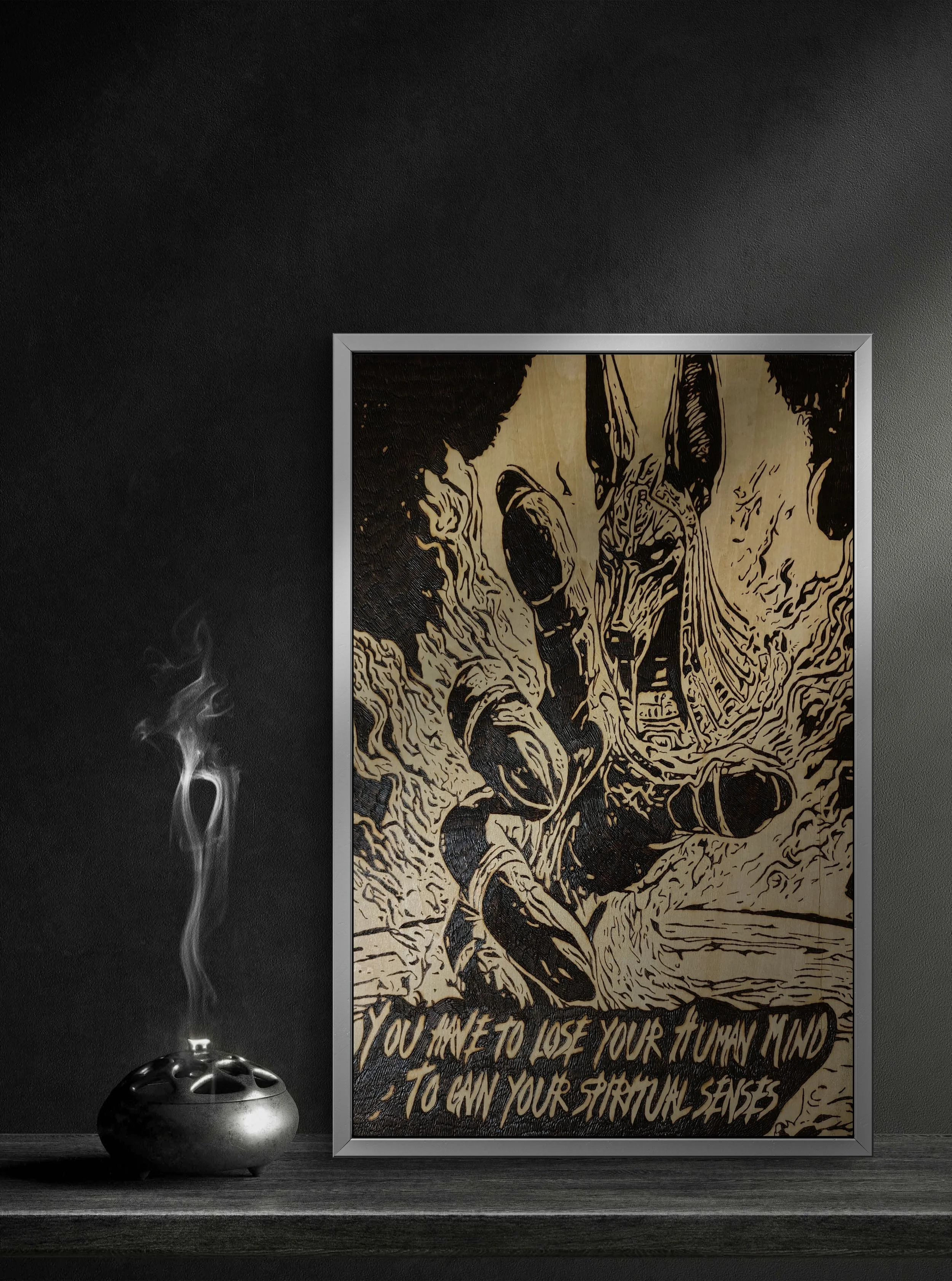 Original mythological wood burning and pyrography wall art featuring Anubis, burned by hand into basswood with visible grain texture and deep burn depth