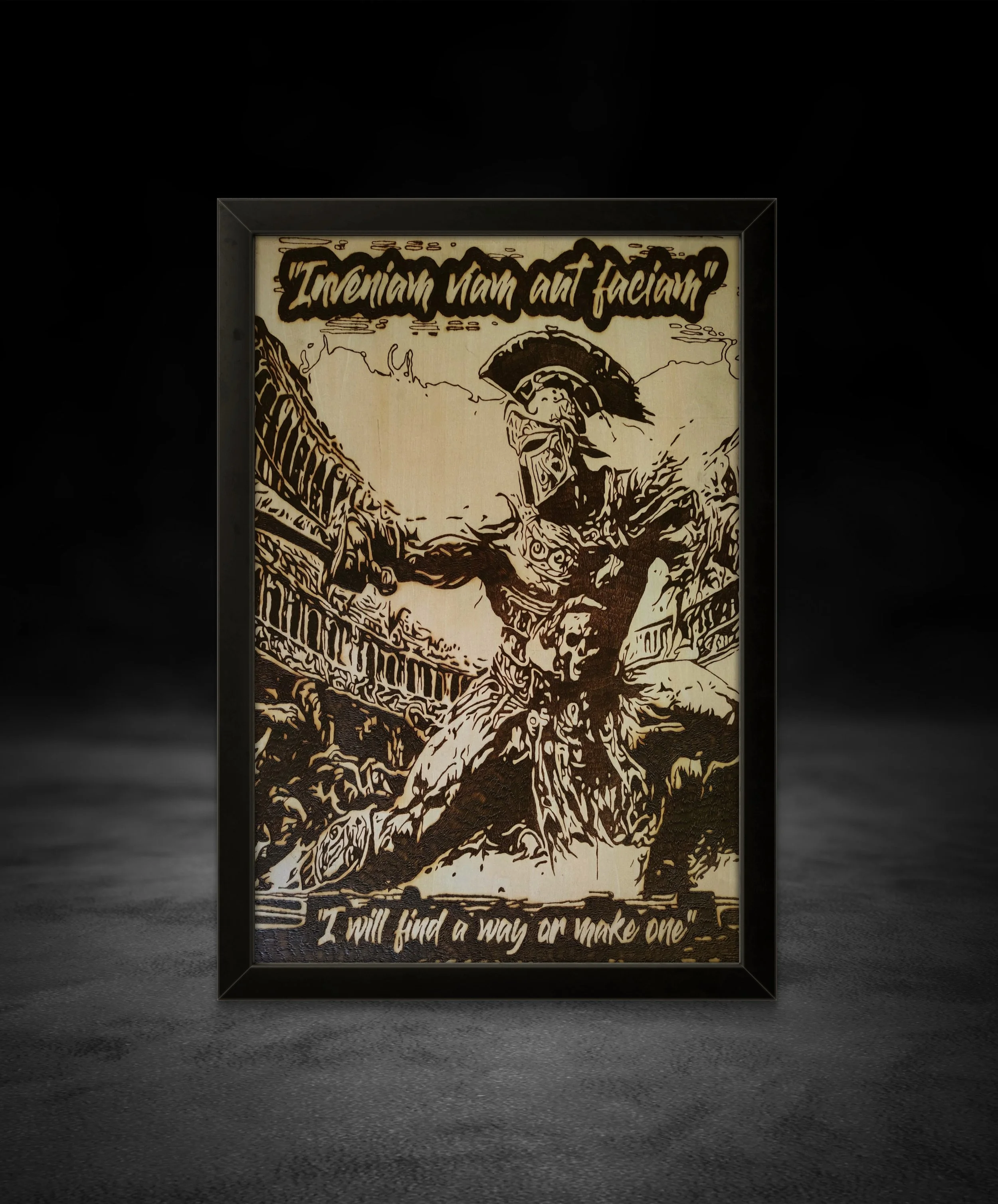 original wood-burned artwork showing gladiator standing in resolve, handcrafted pyrography artwork with deep contrast and texture