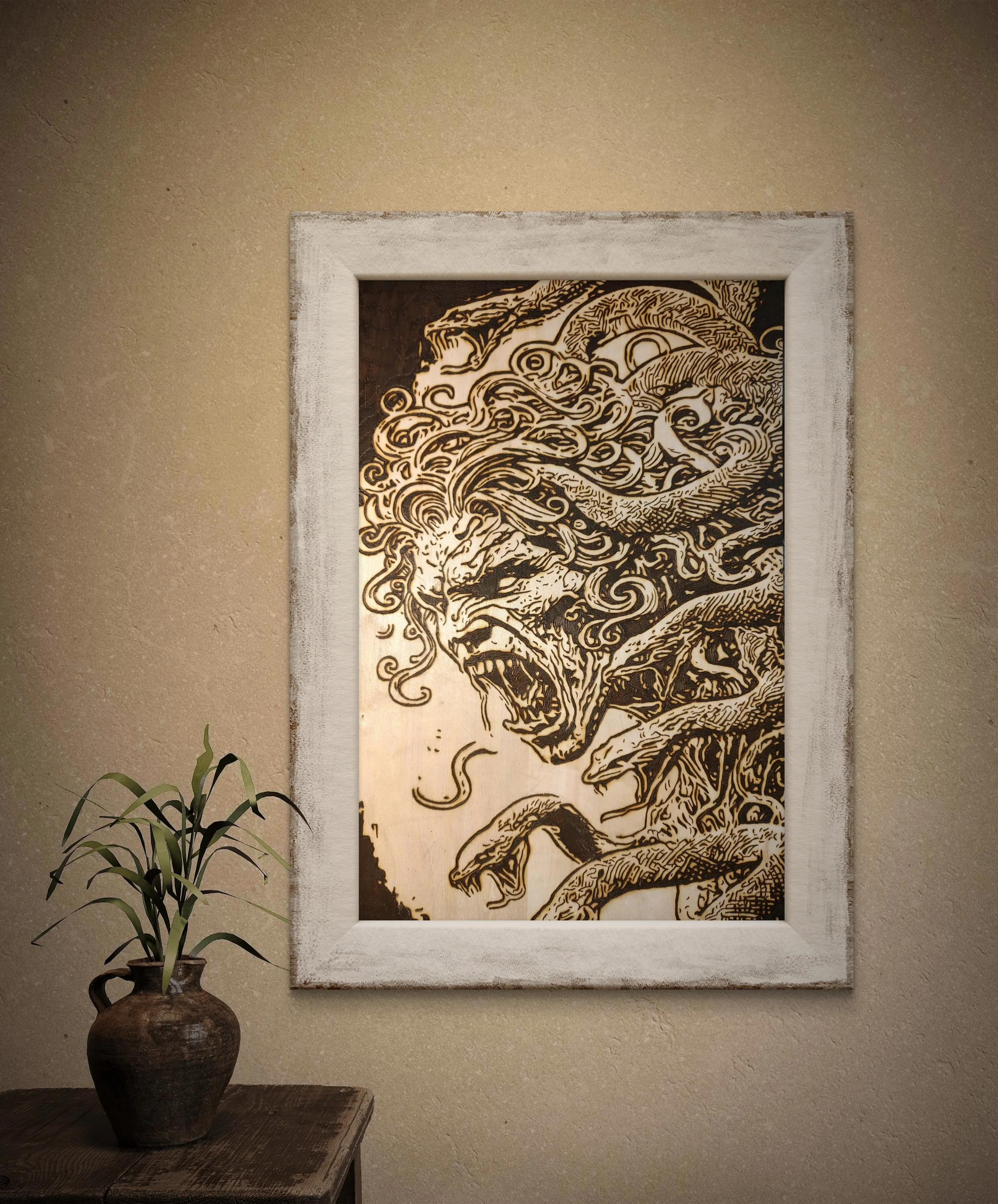 Fine art wood burning framed and displayed on wall, original pyrography artwork created entirely by hand