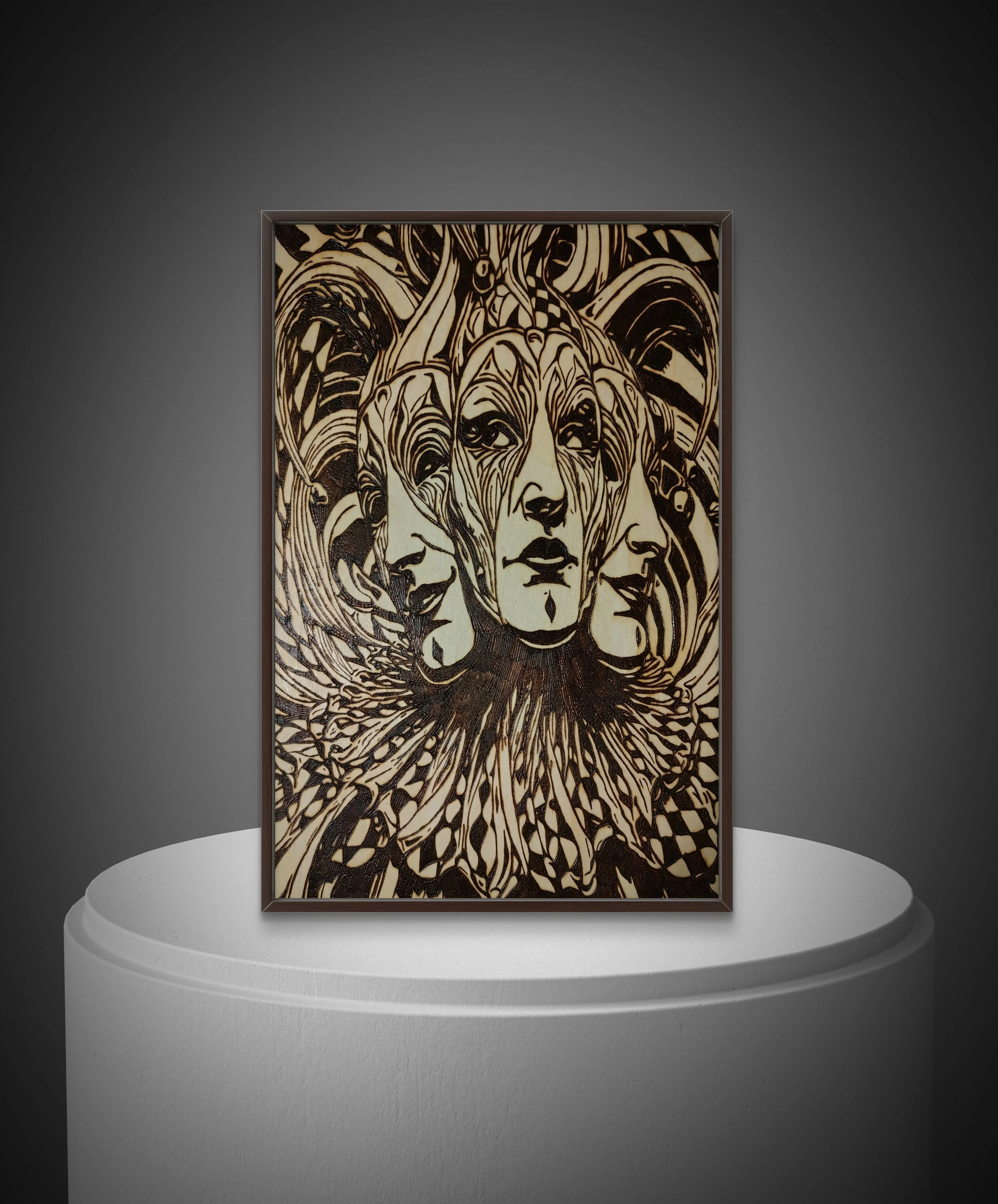 Fine art wood burning on basswood, custom hand burned pyrography artwork with intricate line detail