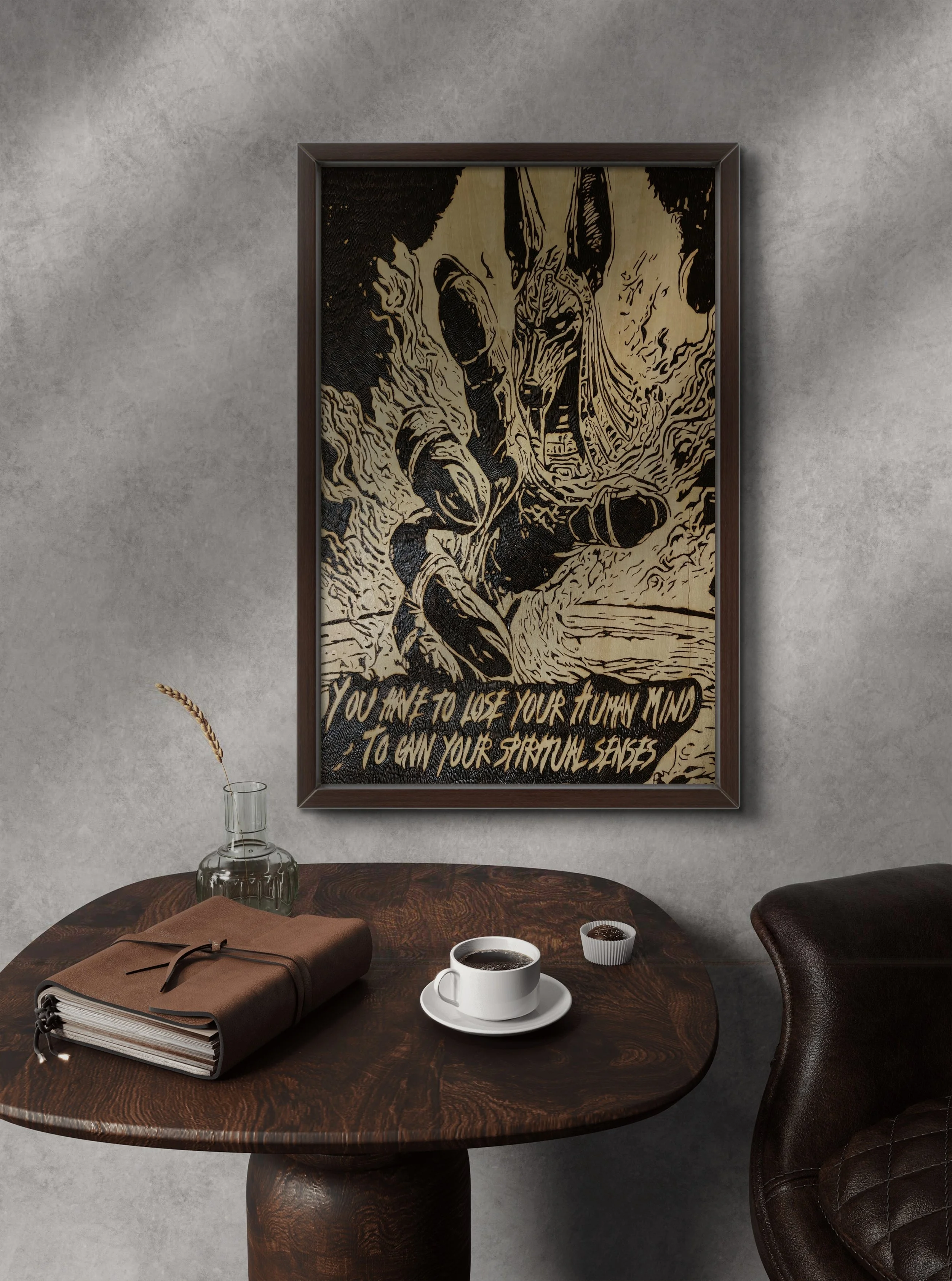 Original Anubis wood burning and pyrography artwork burned into solid basswood, depicting a mythological guardian figure displayed in a framed interior setting