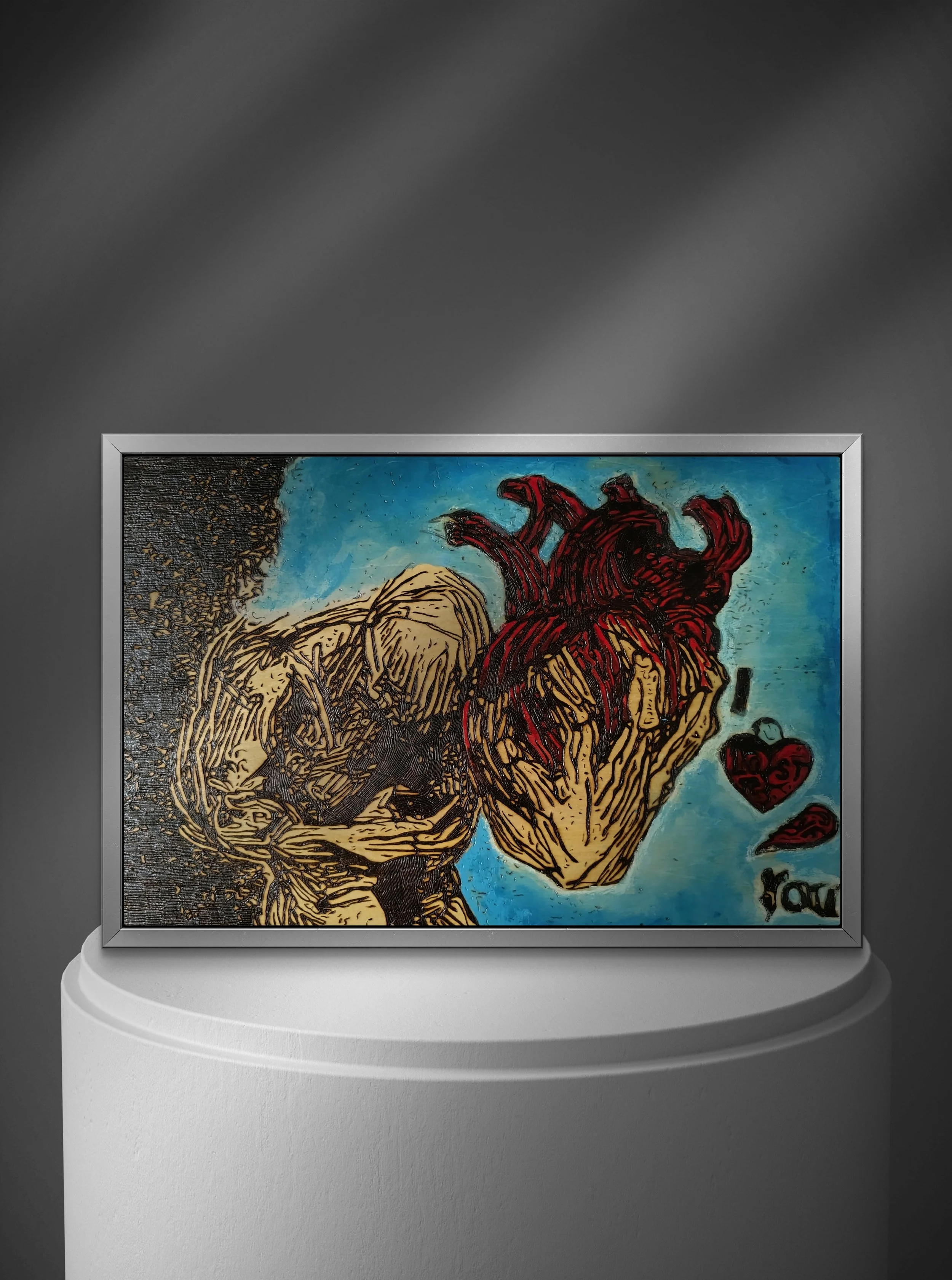 Original figurative wood burning and pyrography artwork depicting a figure holding an exposed heart, burned by hand into solid basswood with selective hand-applied color