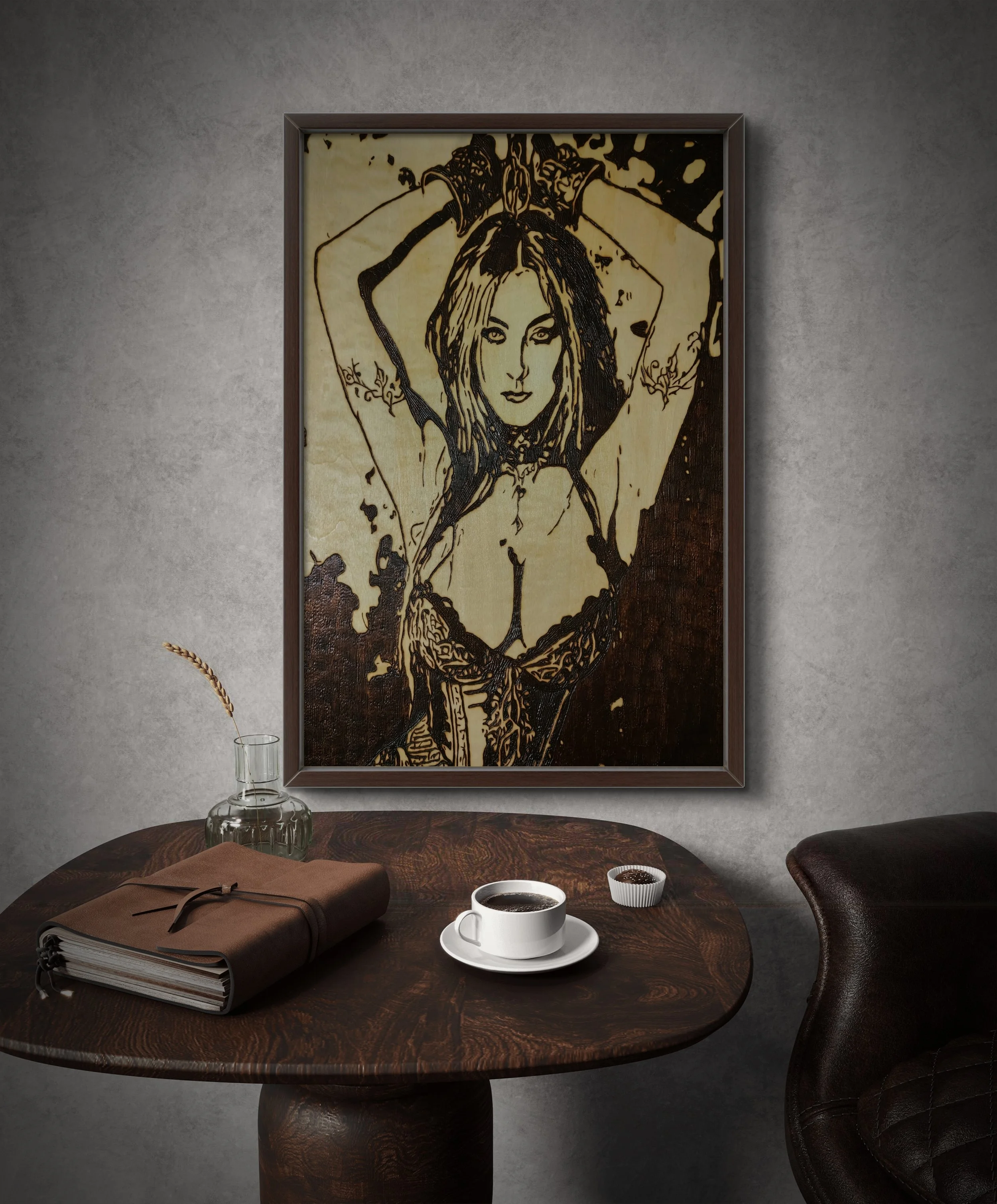 Hand-burned wood burning and pyrography artwork displayed in a modern interior setting, featuring an original female figure burned into solid basswood wall art
