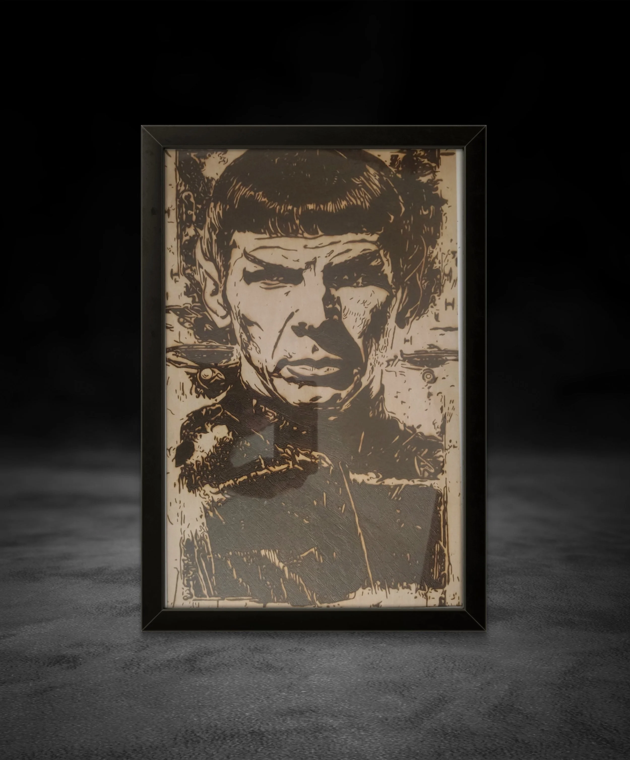 Original portrait wood burning and pyrography artwork burned into solid basswood, featuring a hand-burned sci-fi character portrait with detailed line work and high-contrast shading