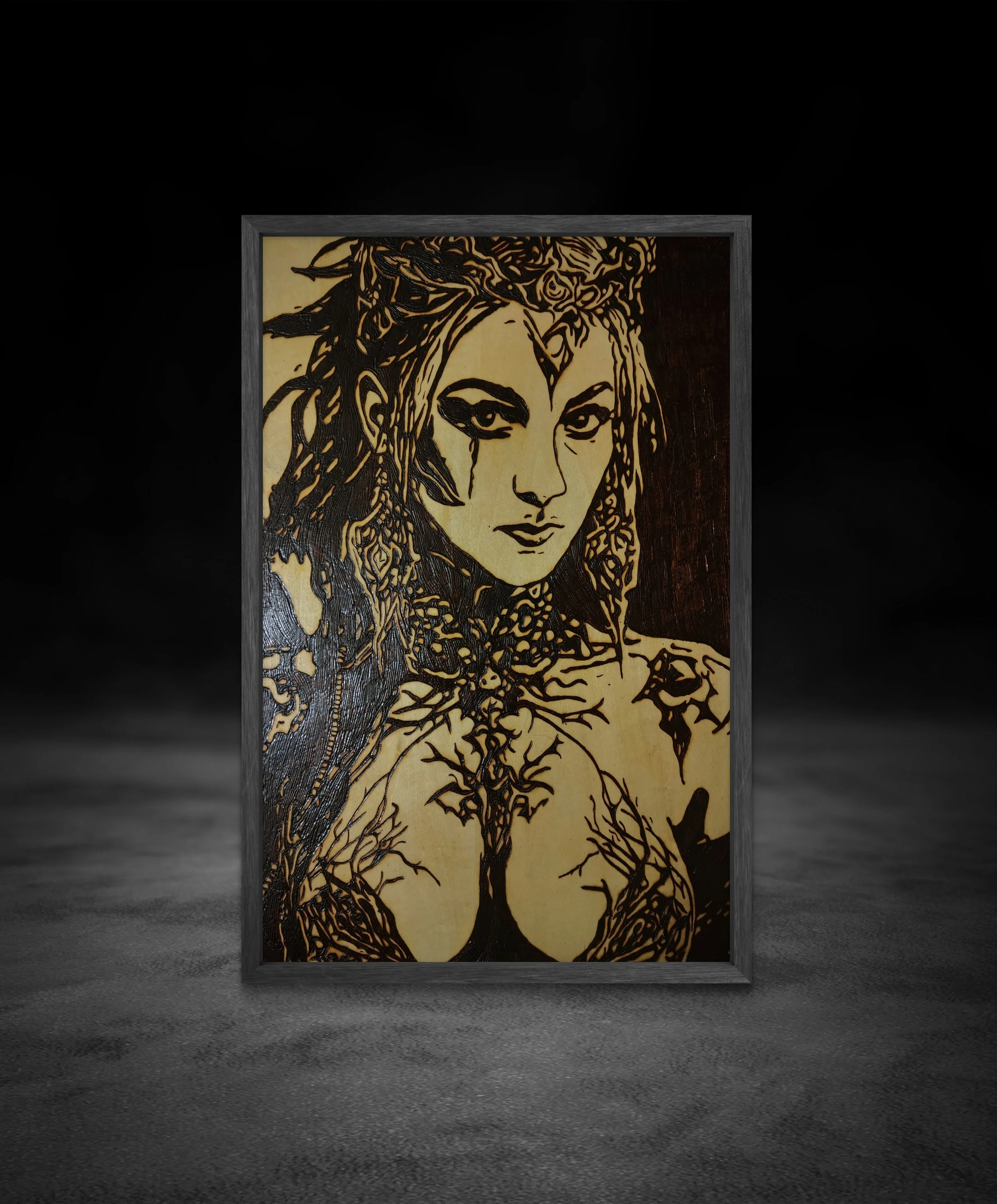 Original female portrait wood burning and pyrography artwork burned into solid basswood, featuring intricate hand-burned line work and high-contrast detailing