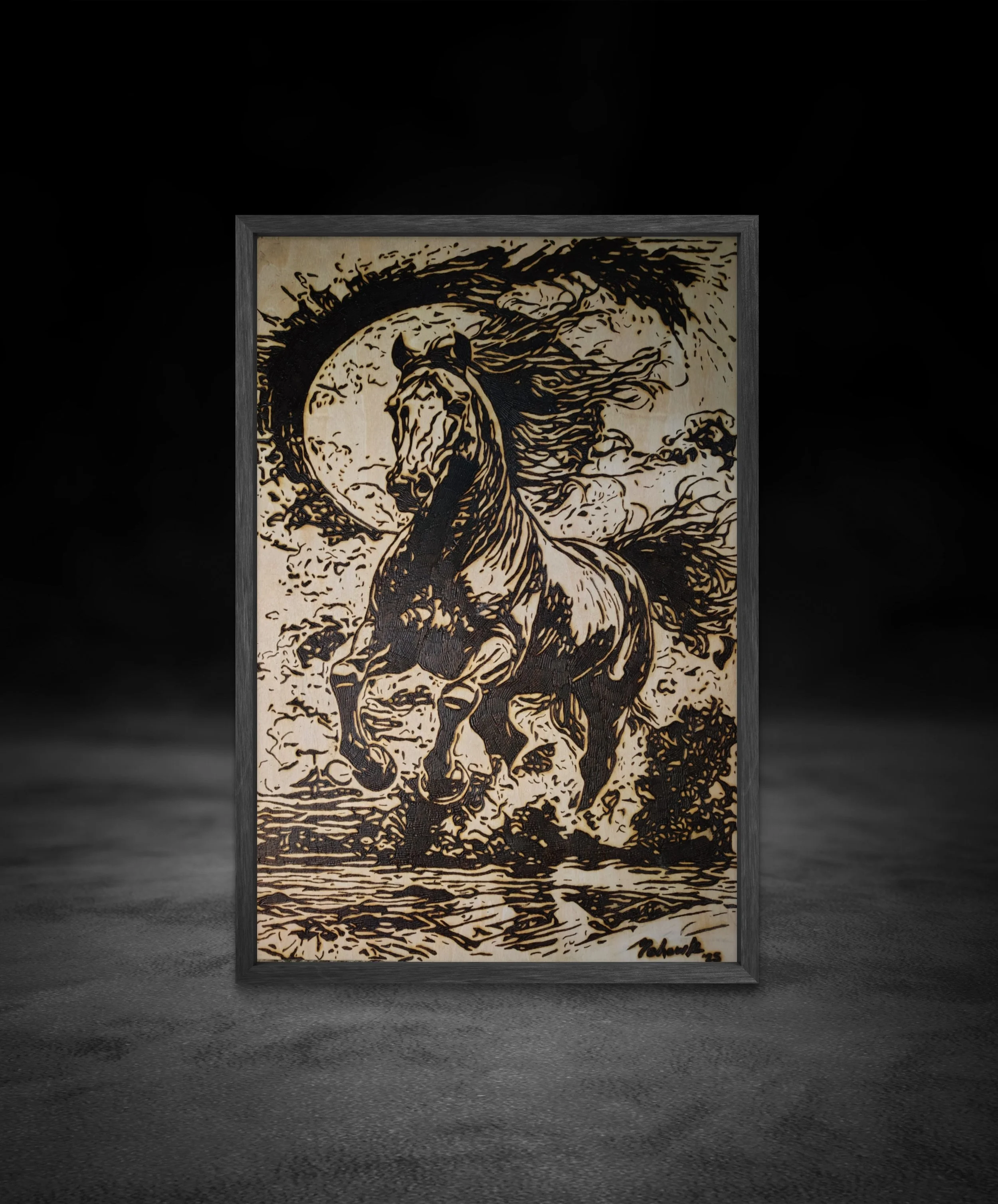 Original horse pyrography artwork burned into basswood, featuring a powerful rearing horse created with hand wood burning and traditional pyrography techniques