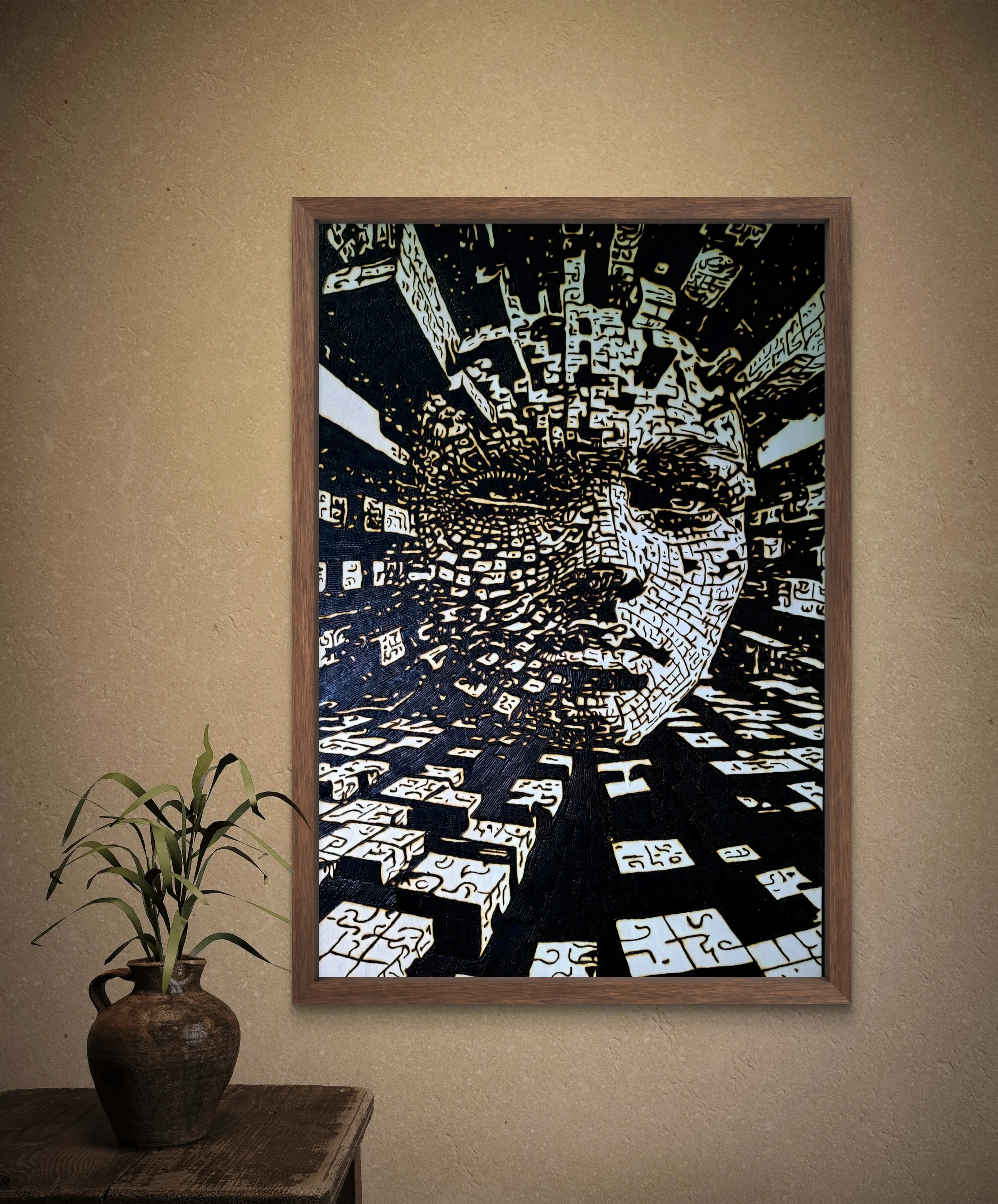 Framed wood burning wall art showing a fractured face composed of abstract symbols and layered forms, handcrafted on natural basswood