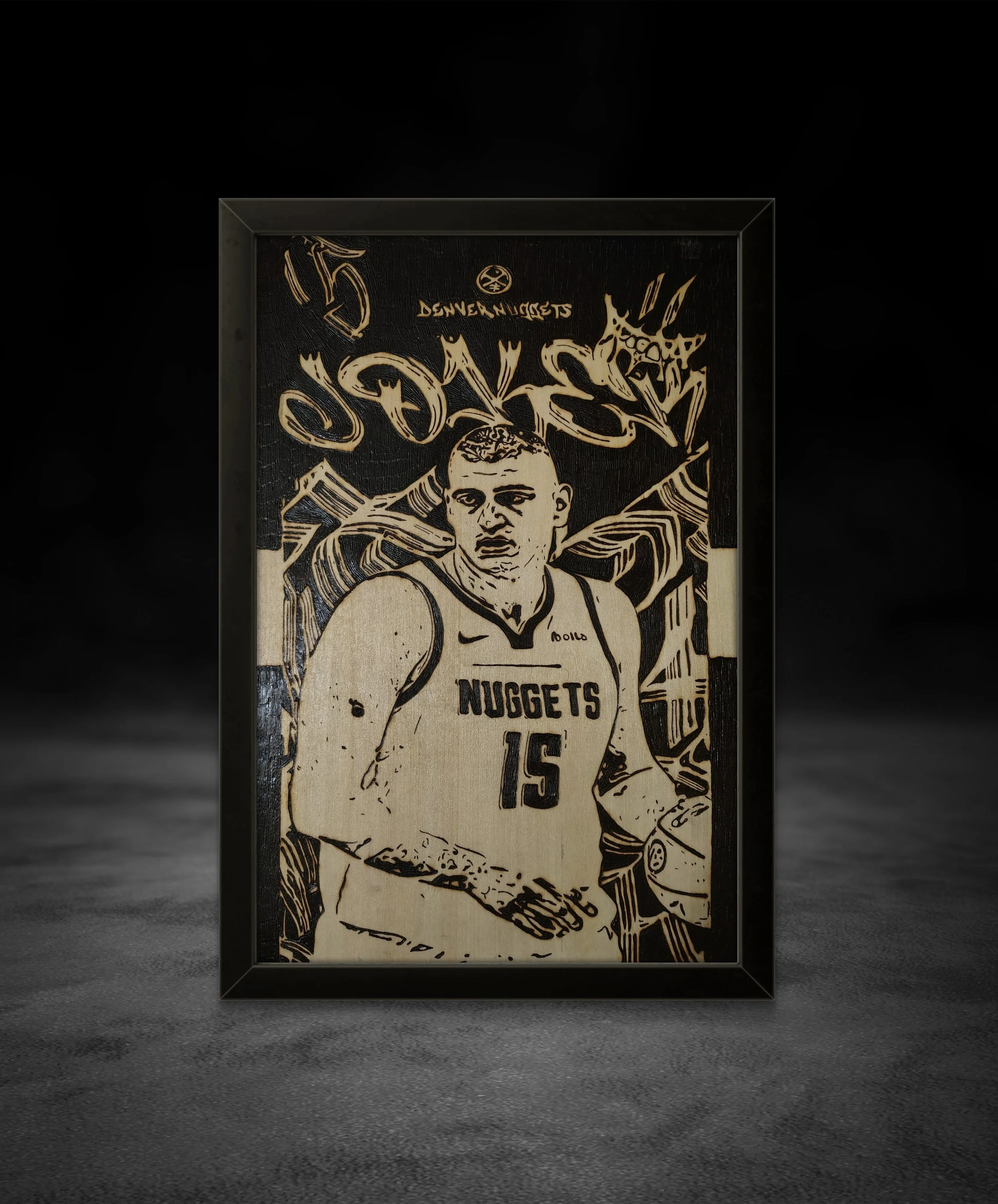 Original Nikola Jokić wood burning and pyrography artwork burned into solid basswood, featuring a hand-burned portrait with detailed line work and high-contrast shading