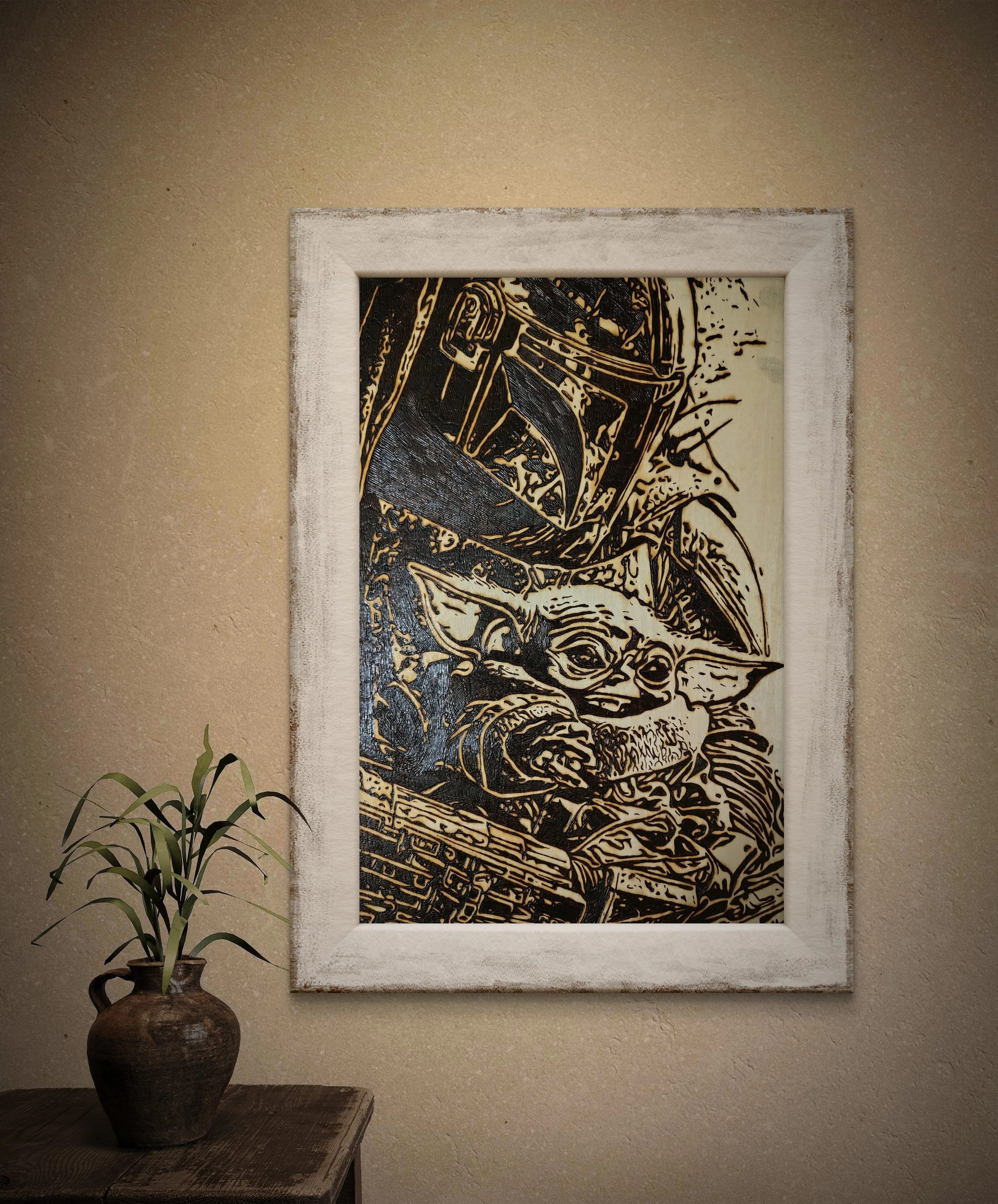 Framed hand-burned wood art showing a Mandalorian and child bond, original pyrography wall artwork